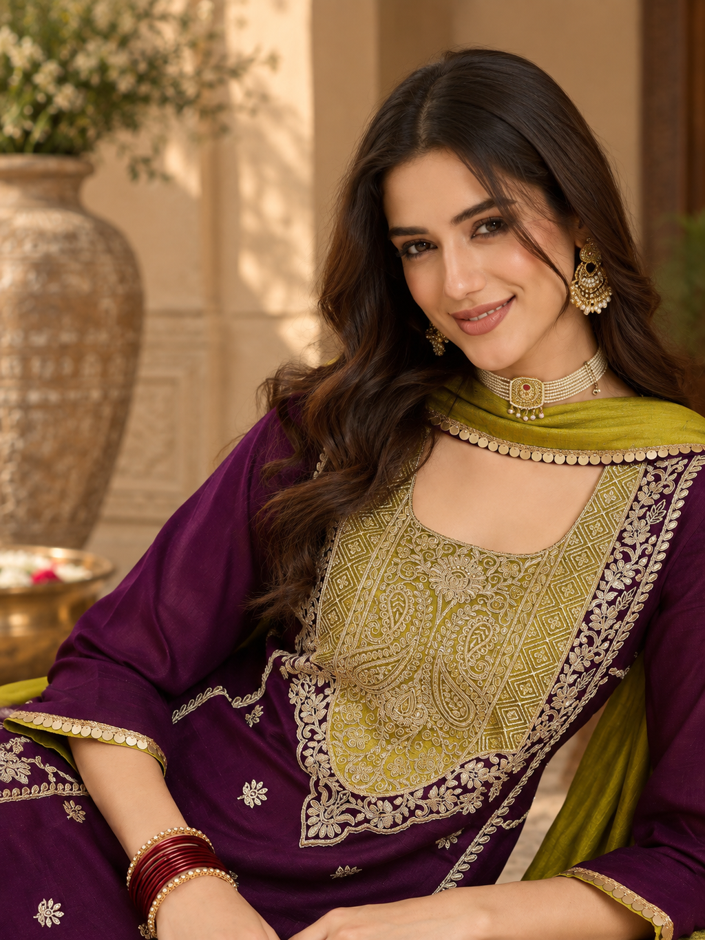 Women Purple Vichitra Silk Embroidered Kurta set