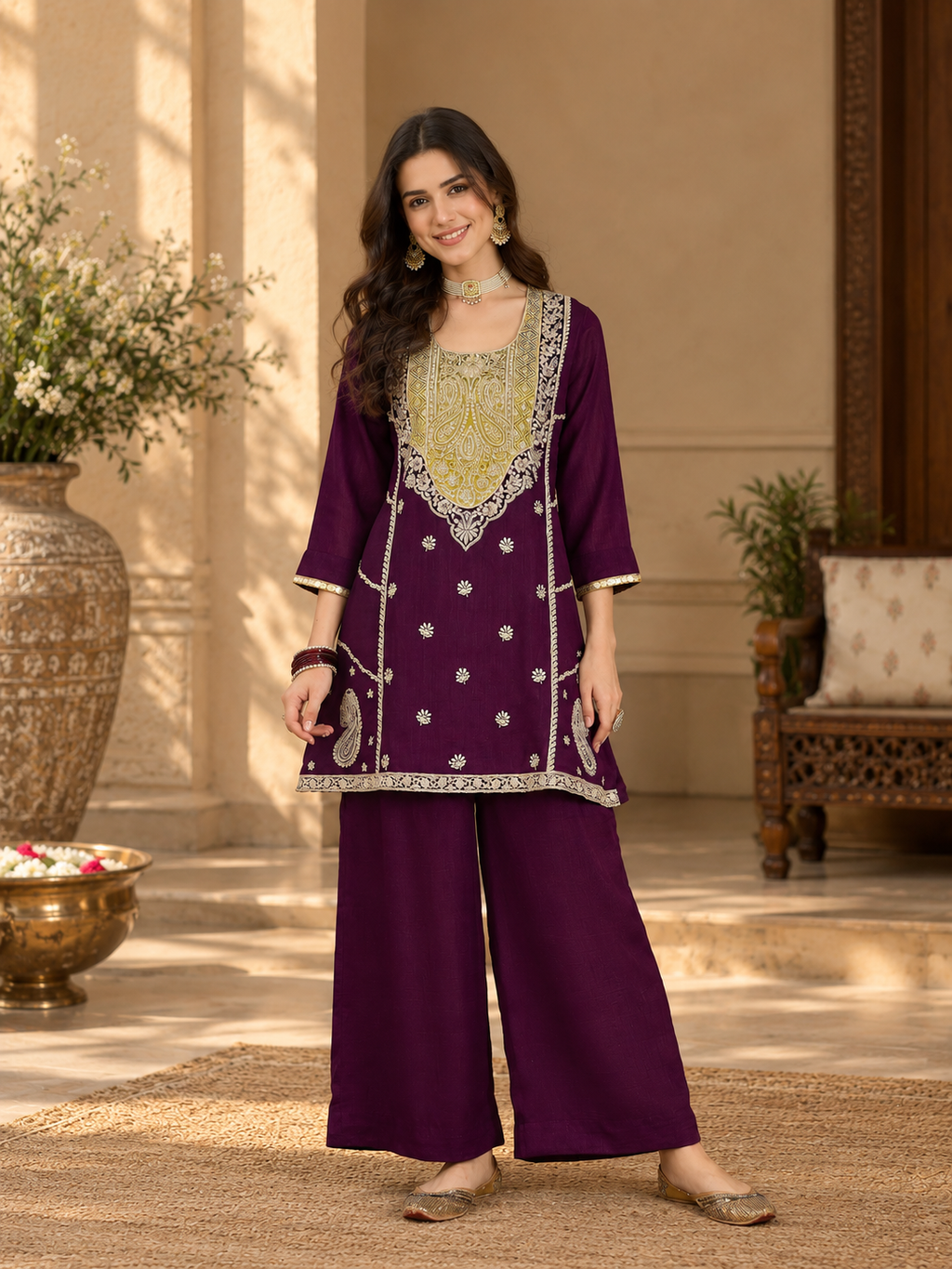 Women Purple Vichitra Silk Embroidered Kurta set
