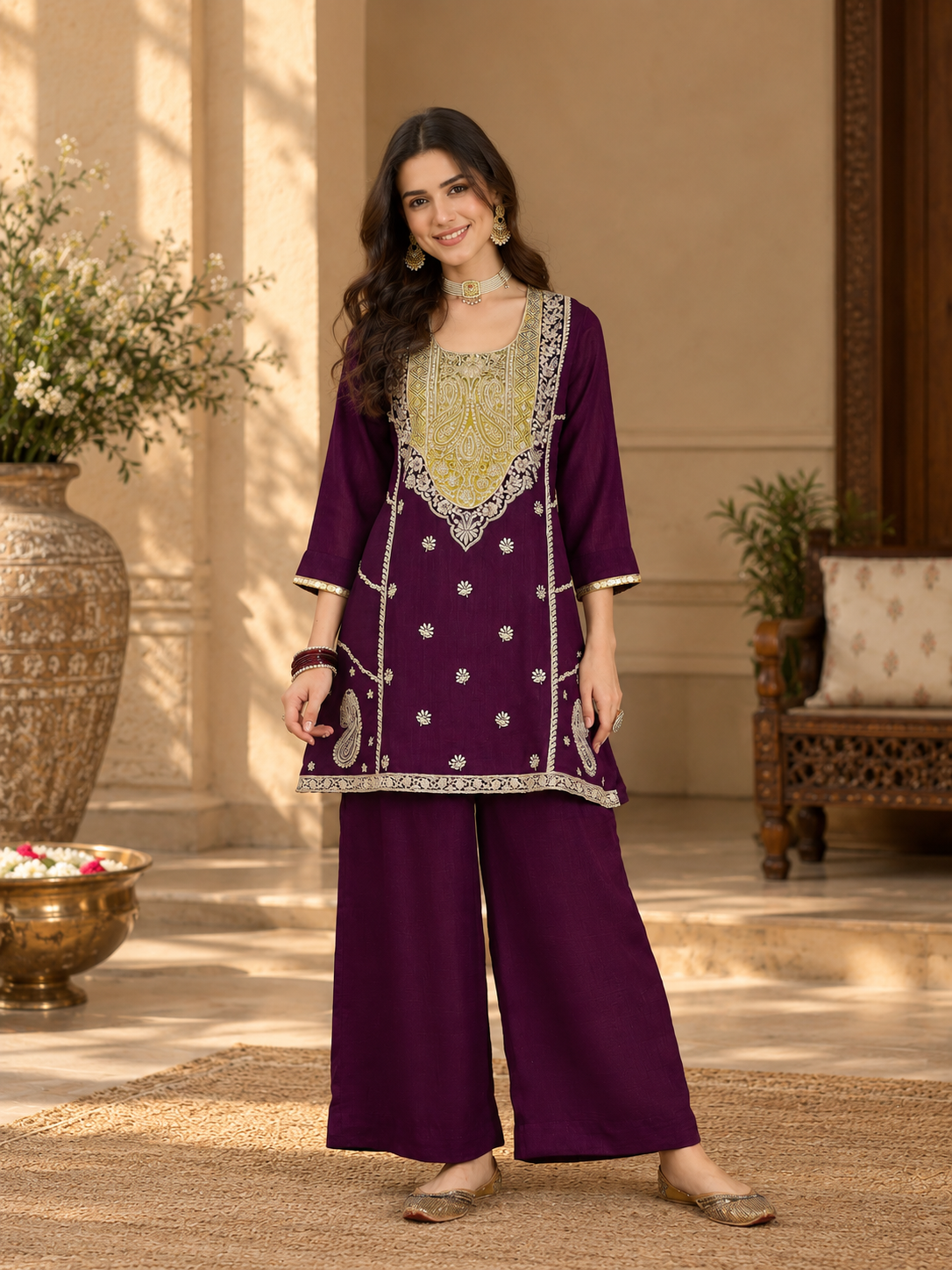 Women Purple Vichitra Silk Embroidered Kurta set