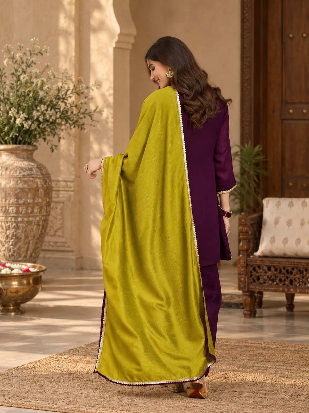 Women Purple Vichitra Silk Embroidered Kurta set