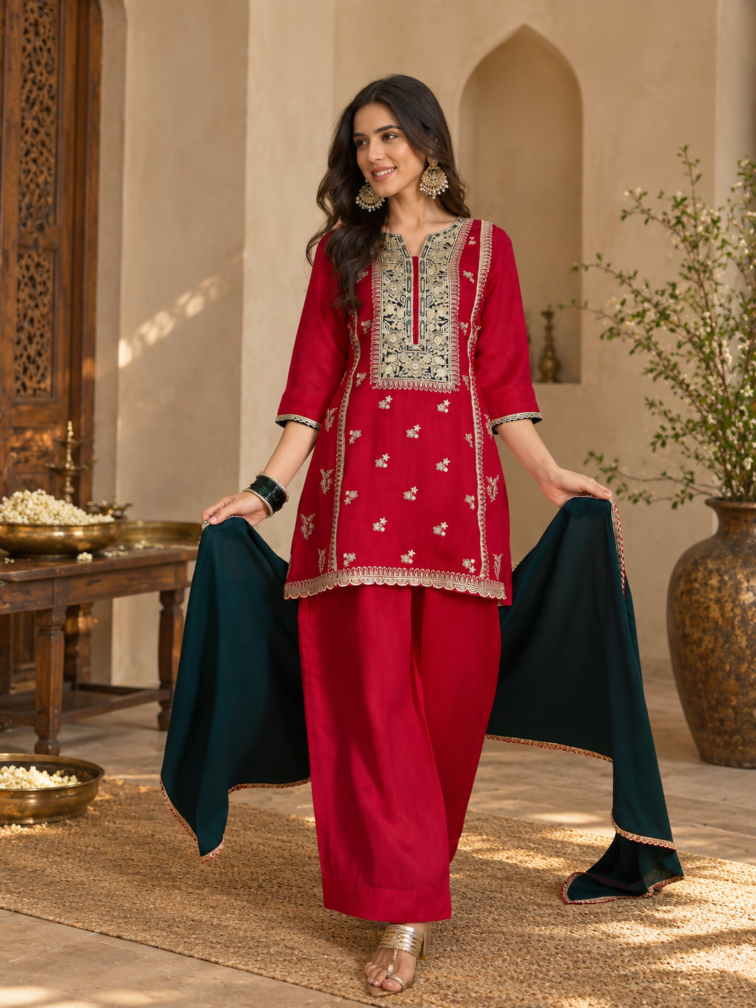 Women Fuchsia Vichitra Silk Embroidered Kurta set