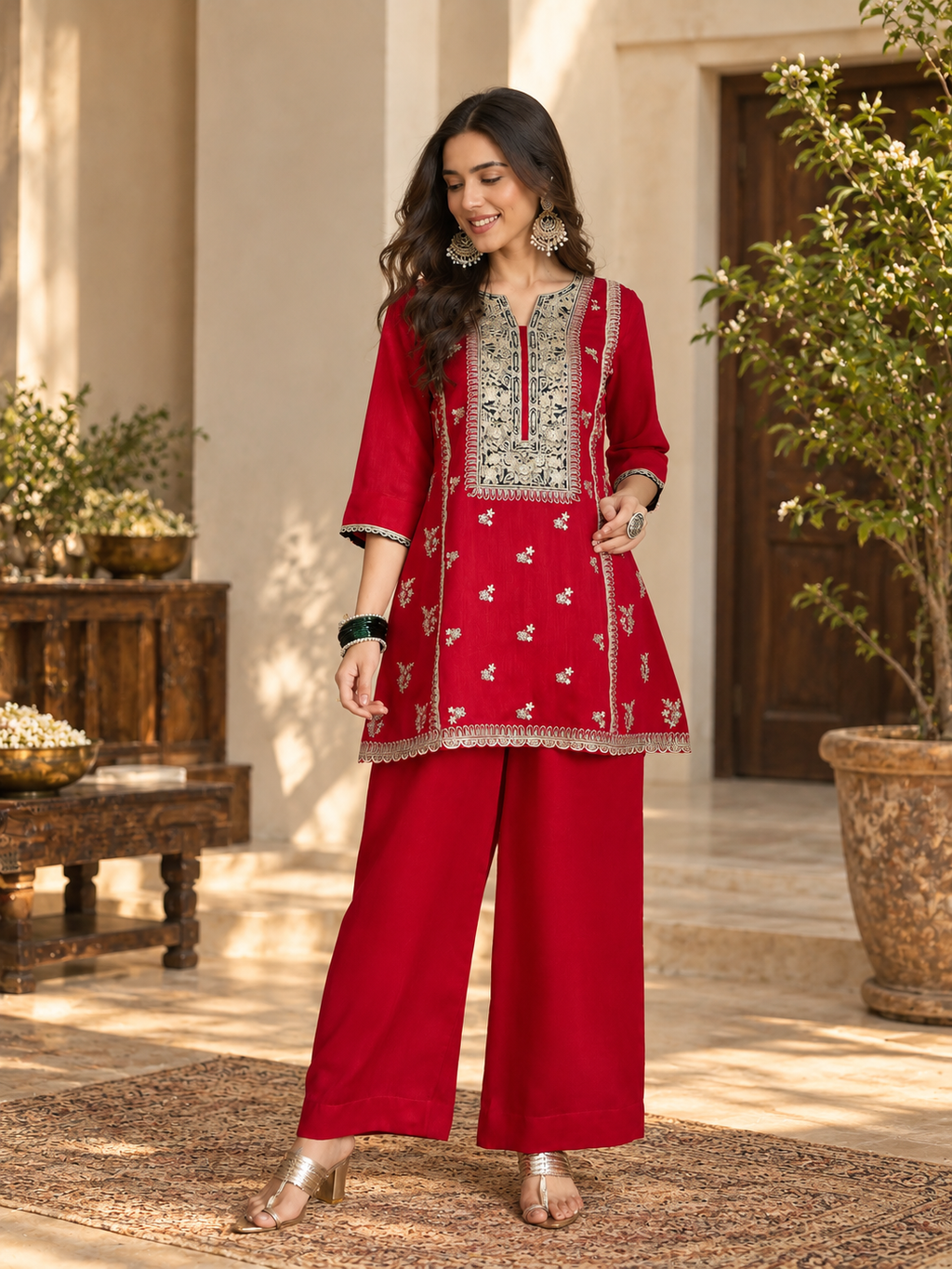 Women Fuchsia Vichitra Silk Embroidered Kurta set