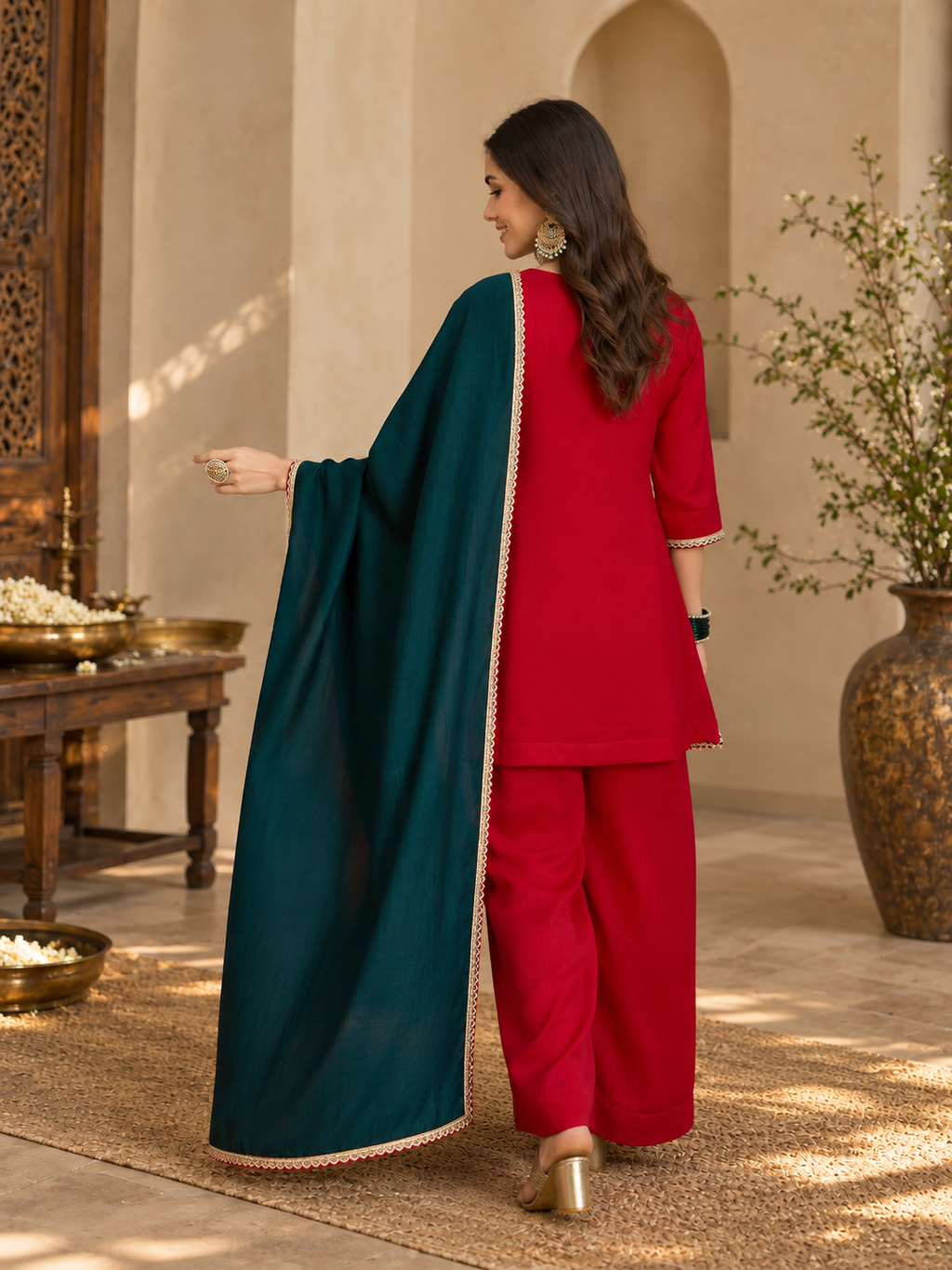 Women Fuchsia Vichitra Silk Embroidered Kurta set