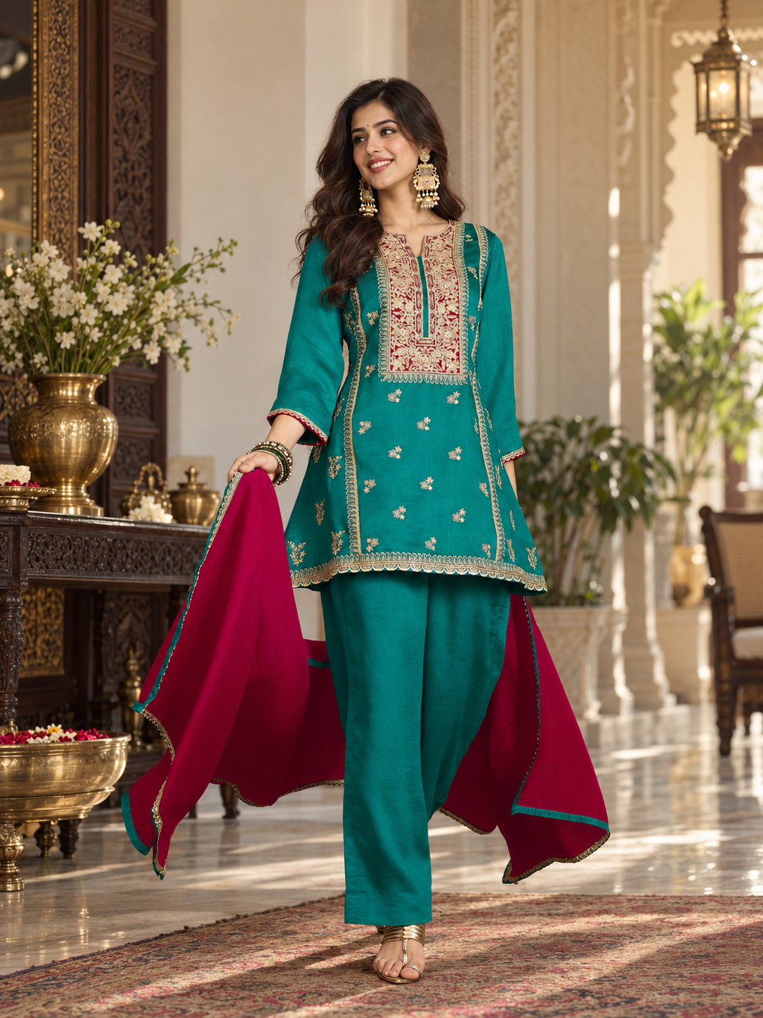 Women Blue Vichitra Silk Embroidered Kurta set