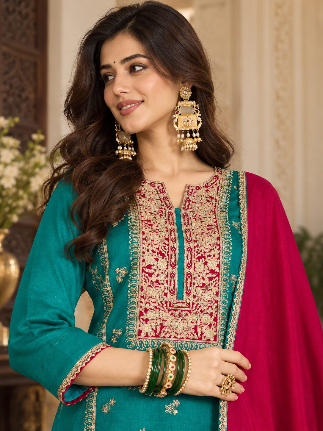 Women Blue Vichitra Silk Embroidered Kurta set