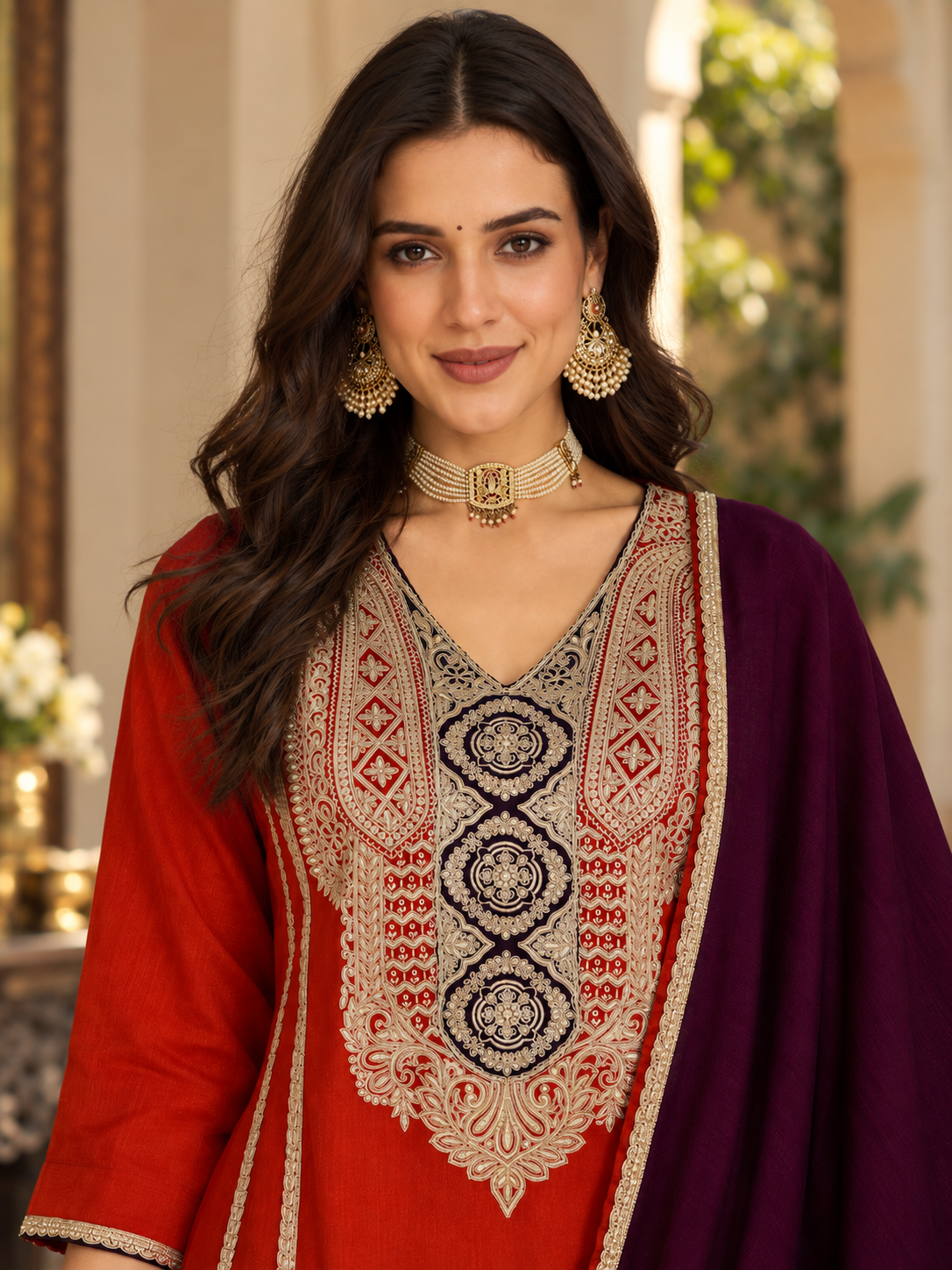 Women Rust Vichitra Silk Embroidered Kurta set
