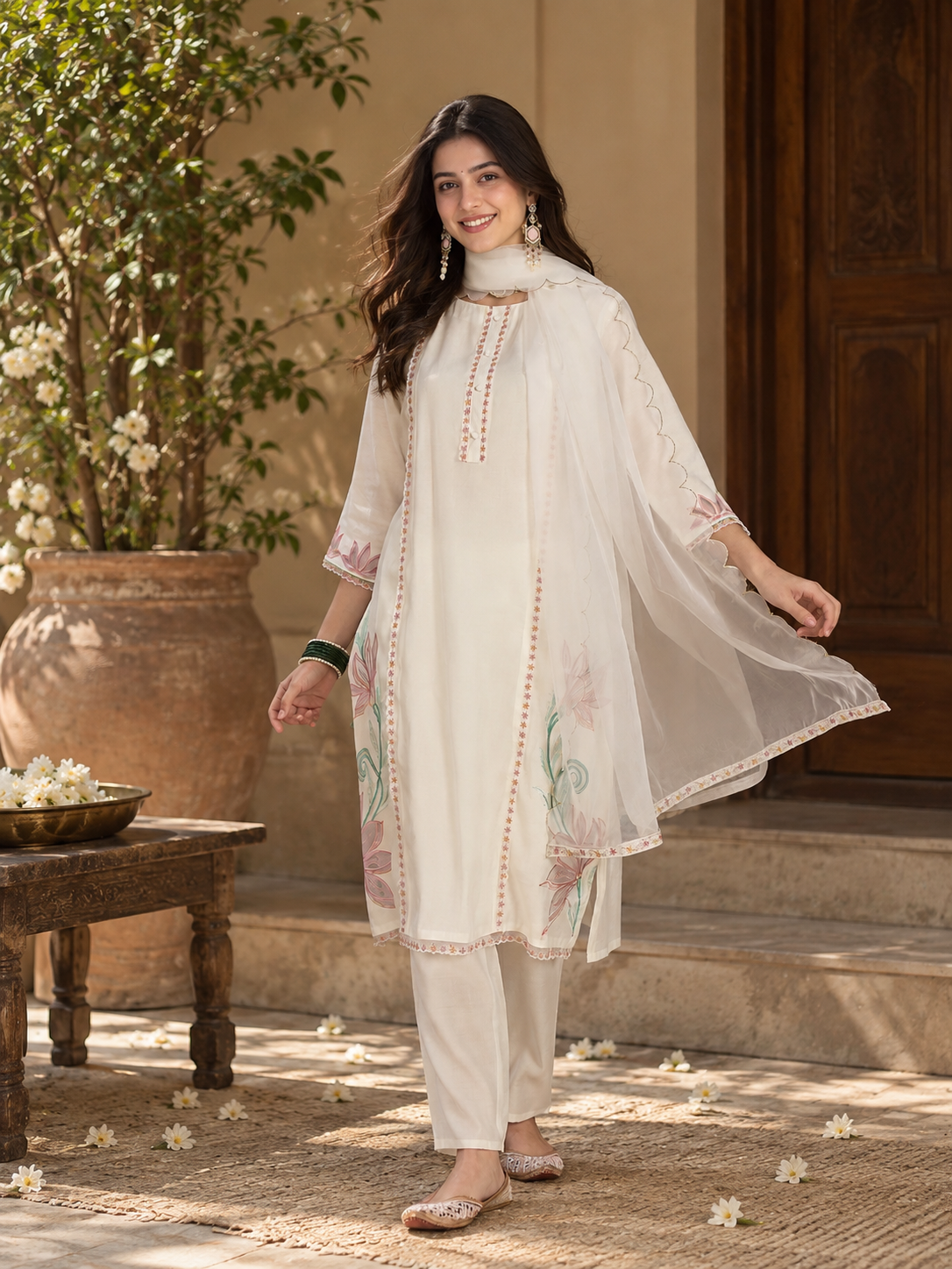 Women White Roman Silk Embroidery  Kurta set