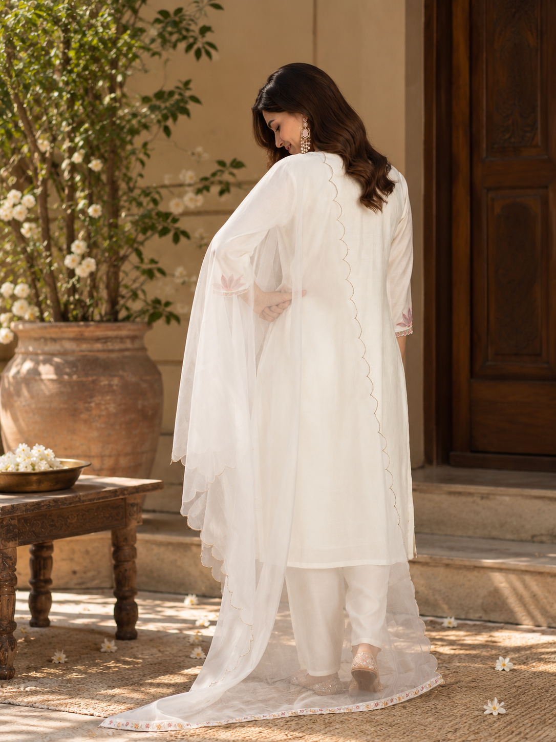 Women White Roman Silk Embroidery  Kurta set