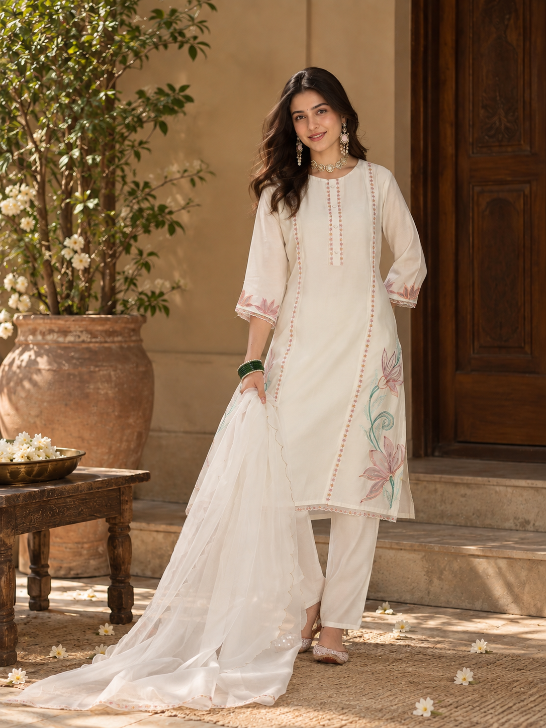 Women White Roman Silk Embroidery  Kurta set