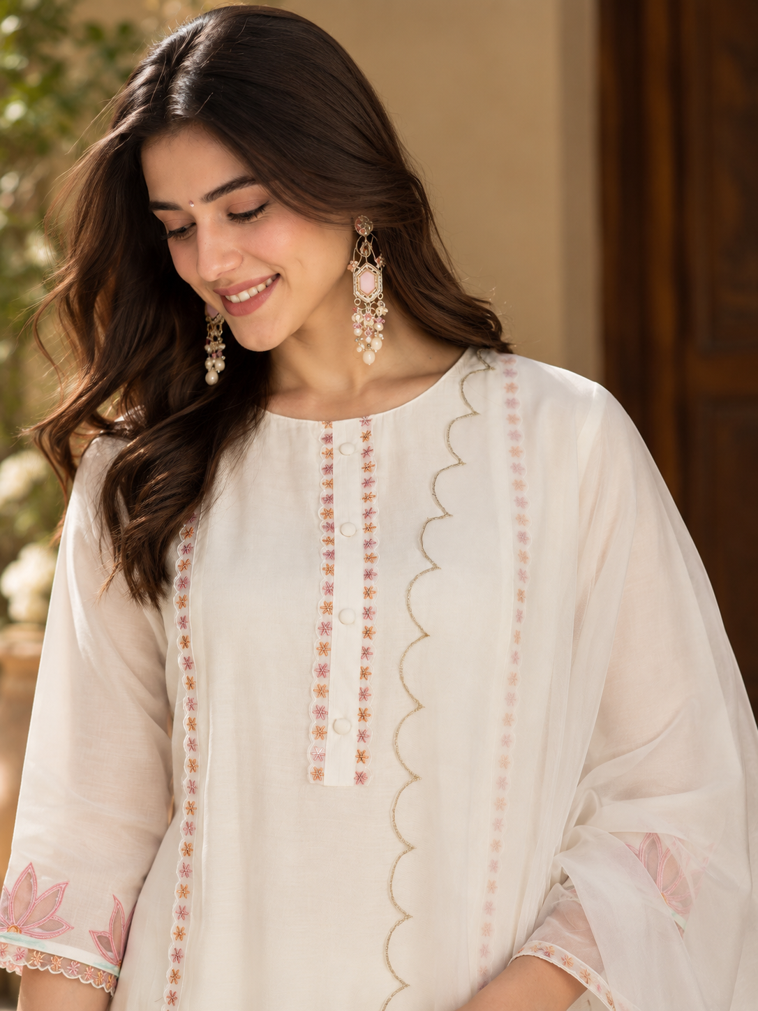 Women White Roman Silk Embroidery  Kurta set
