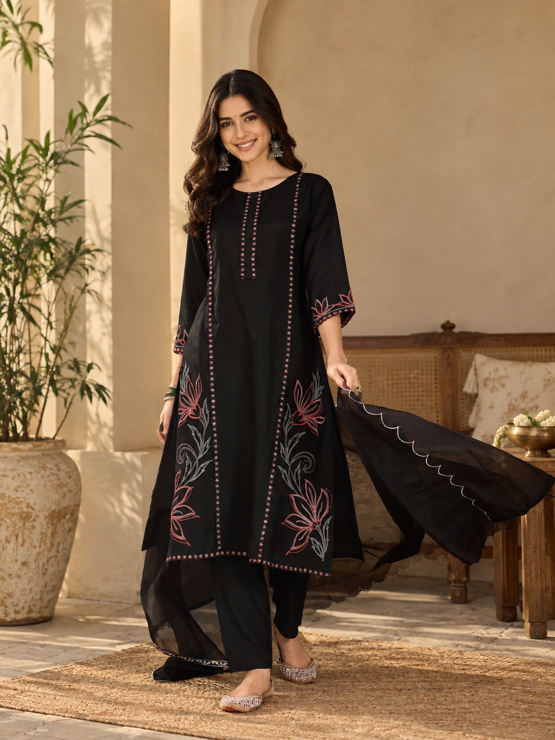 Women Black Roman Silk Embroidery  Kurta set