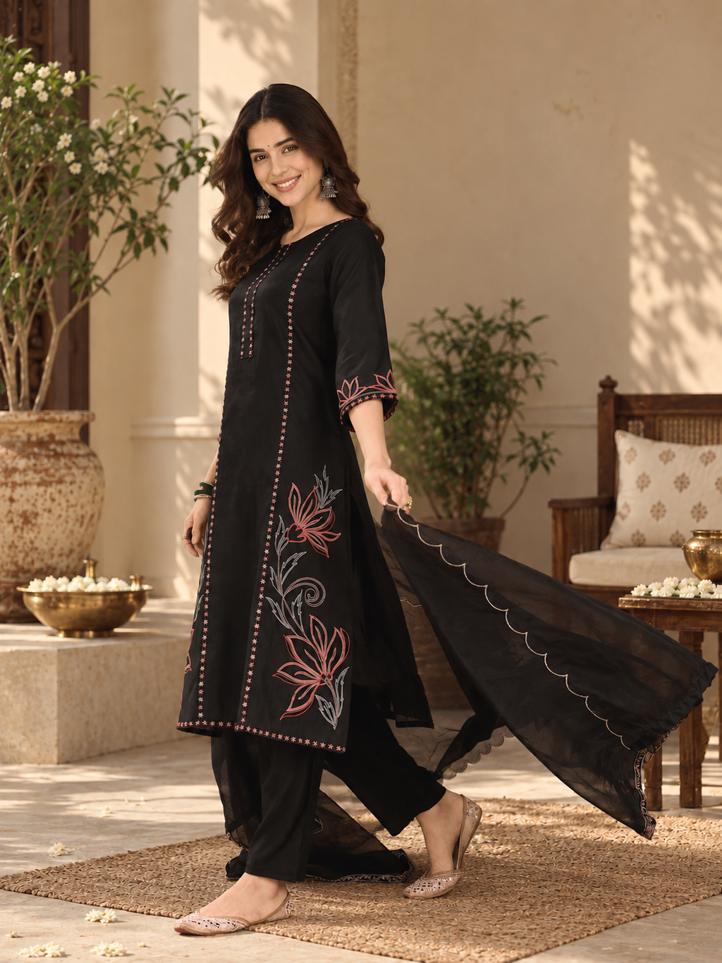 Women Black Roman Silk Embroidery  Kurta set