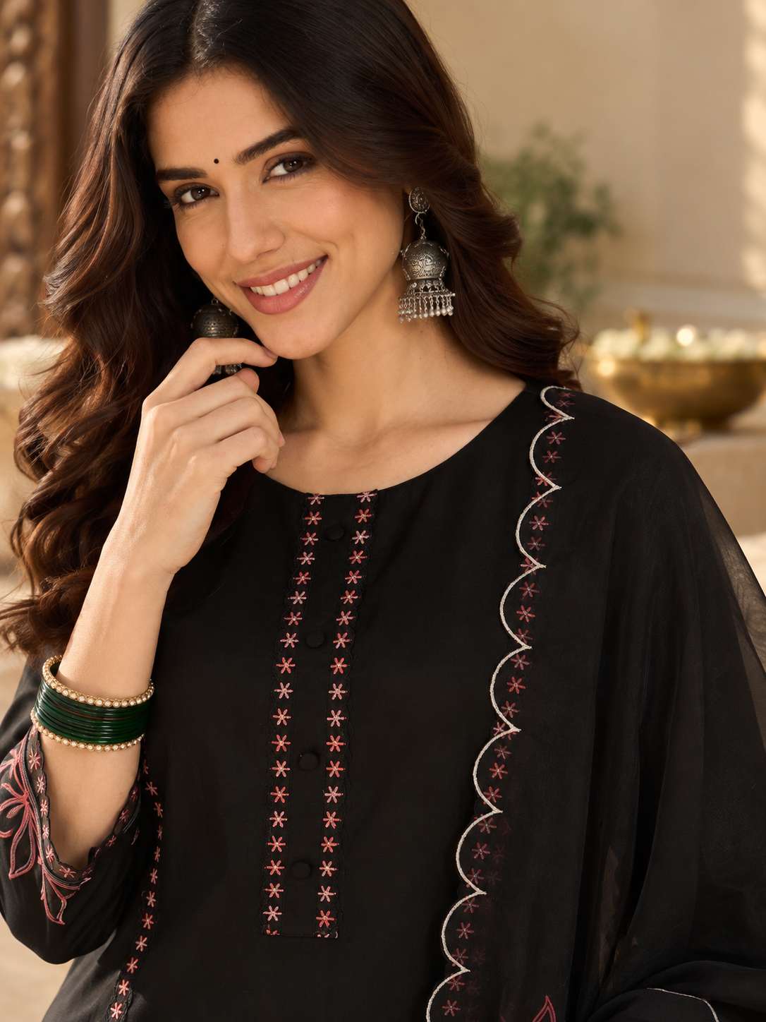 Women Black Roman Silk Embroidery  Kurta set