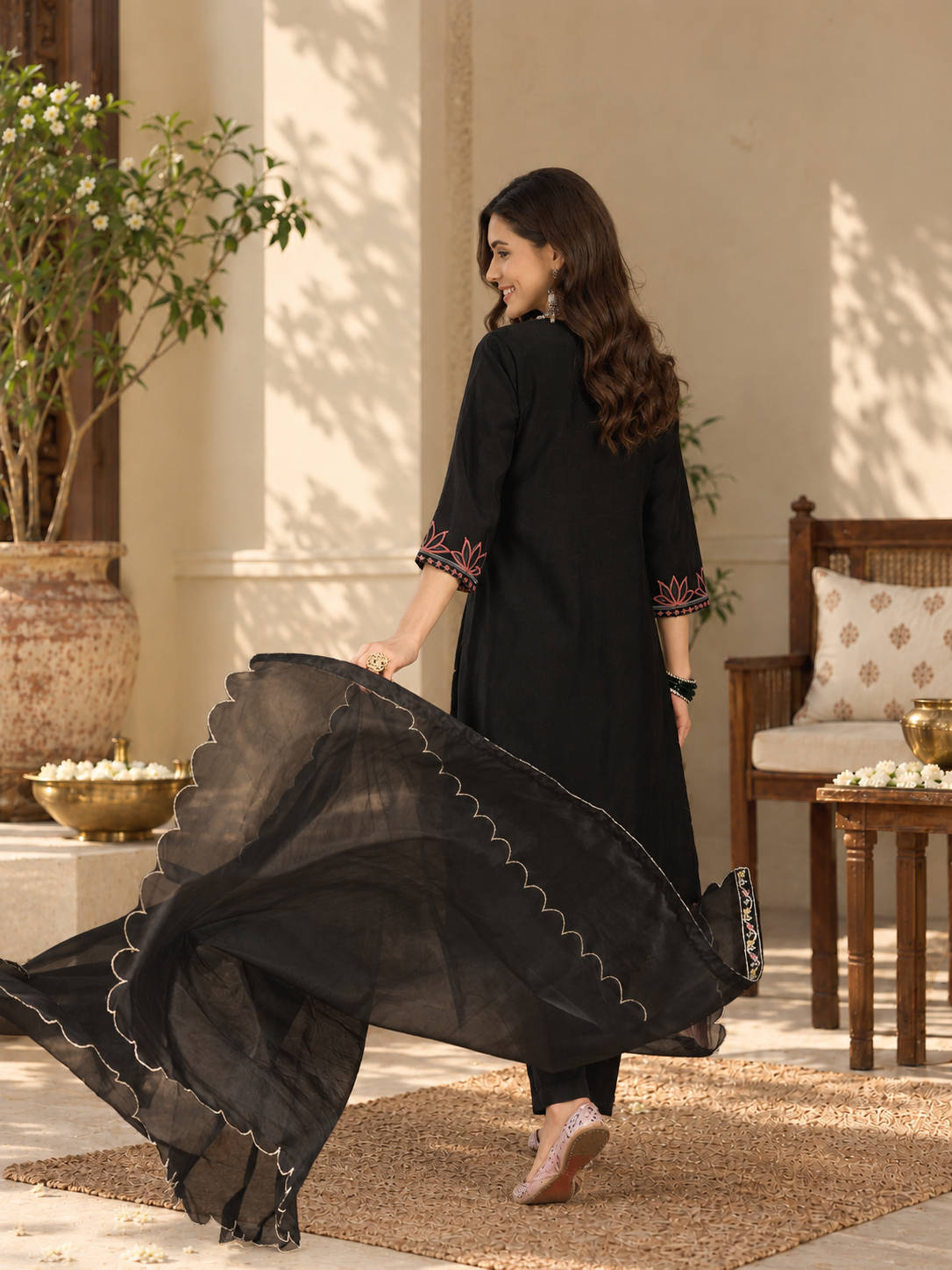 Women Black Roman Silk Embroidery  Kurta set