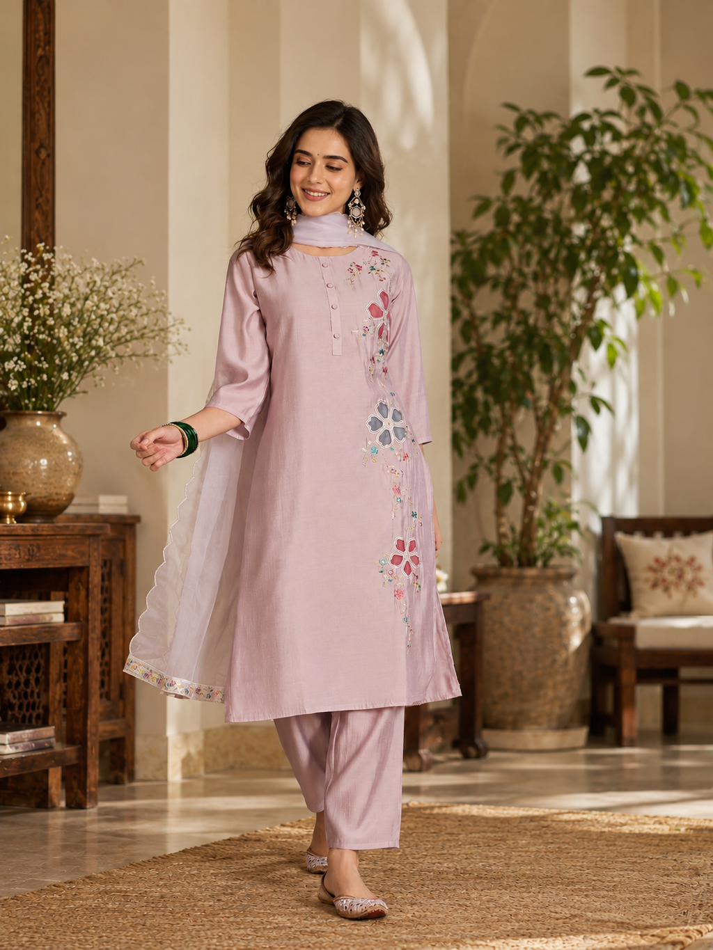 Women Mauve Roman Silk Embroidery  Kurta set