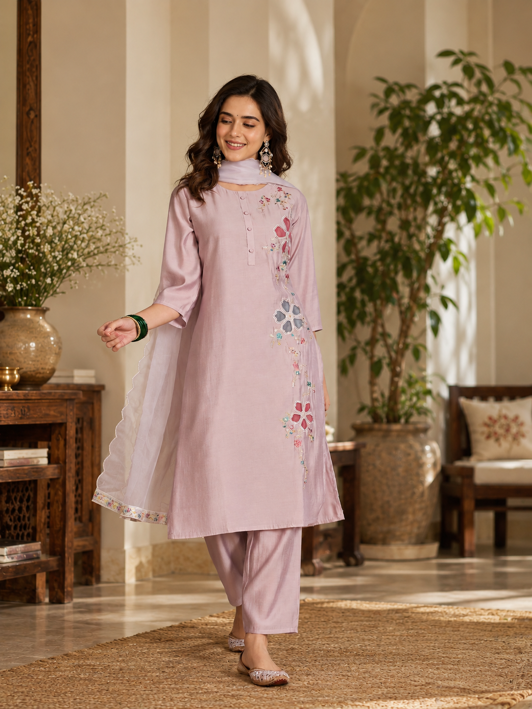 Women Mauve Roman Silk Embroidery  Kurta set