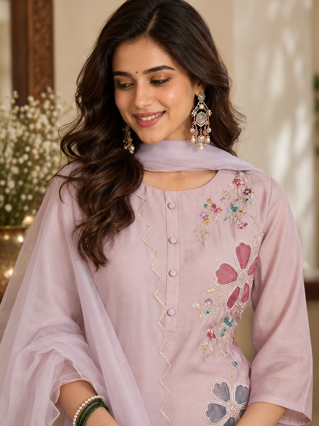 Women Mauve Roman Silk Embroidery  Kurta set