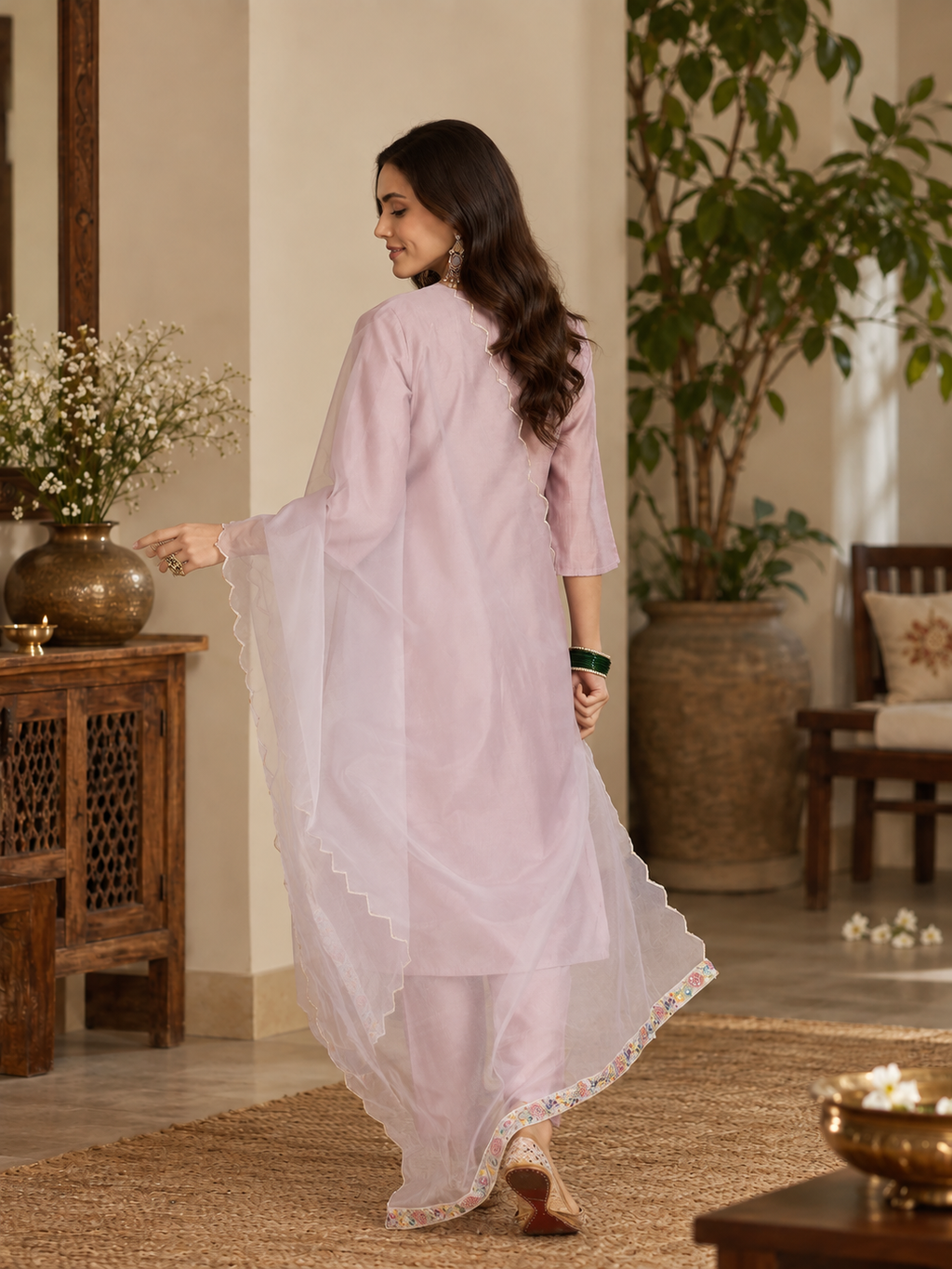 Women Mauve Roman Silk Embroidery  Kurta set