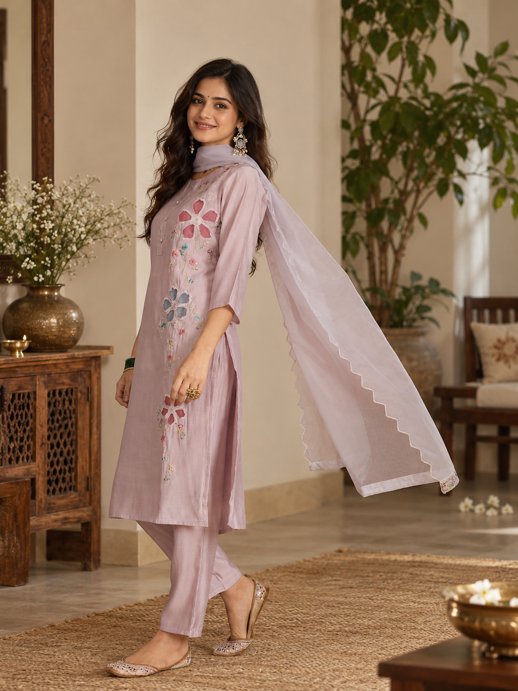 Women Mauve Roman Silk Embroidery  Kurta set