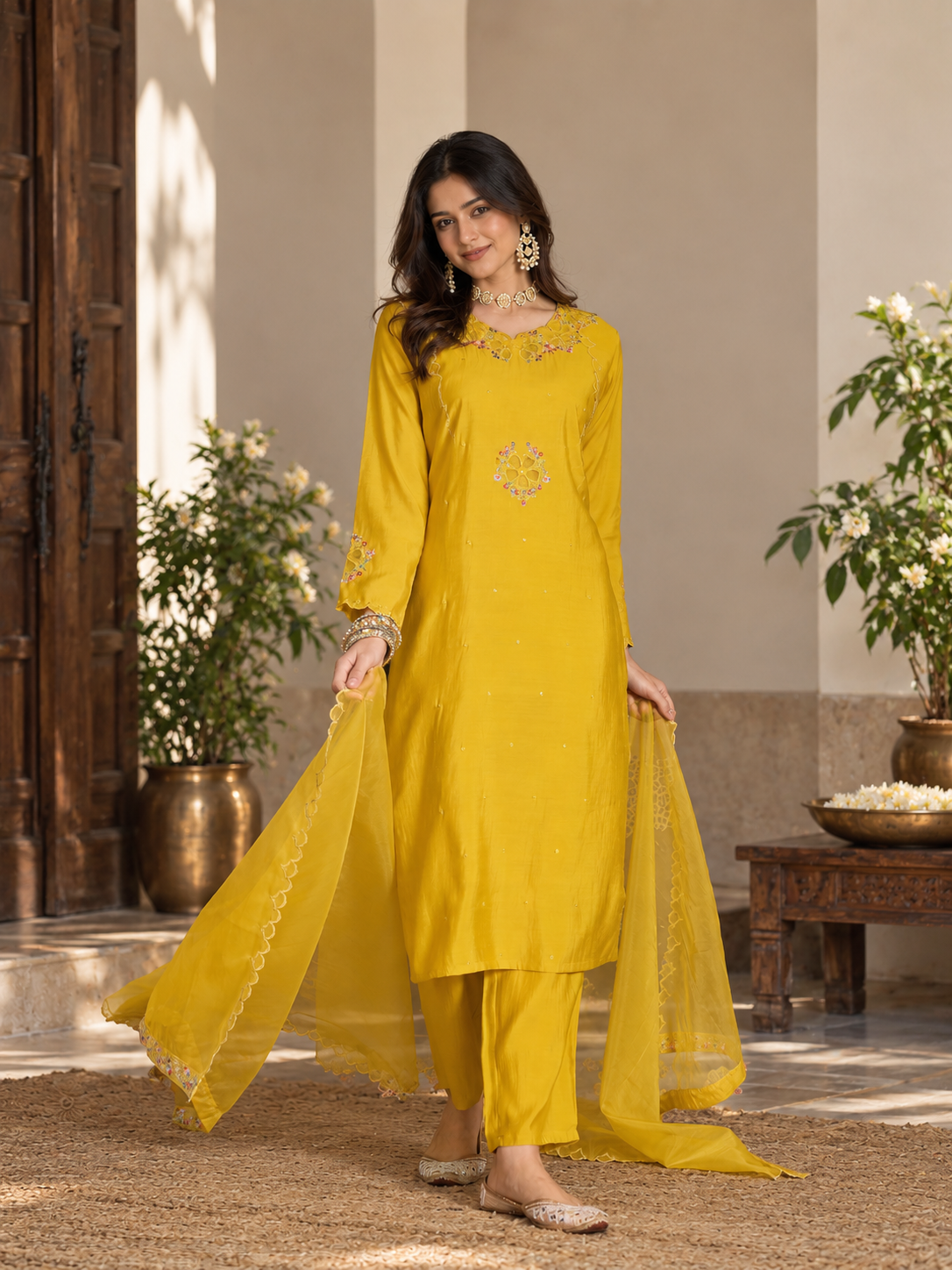 Women Yellow Roman Silk Embroidery  Kurta set