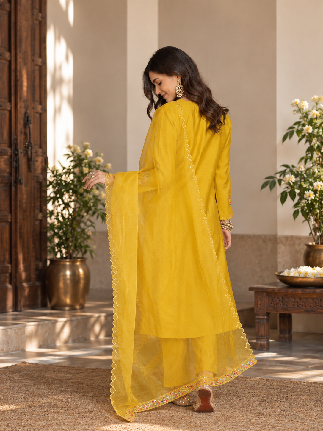 Women Yellow Roman Silk Embroidery  Kurta set