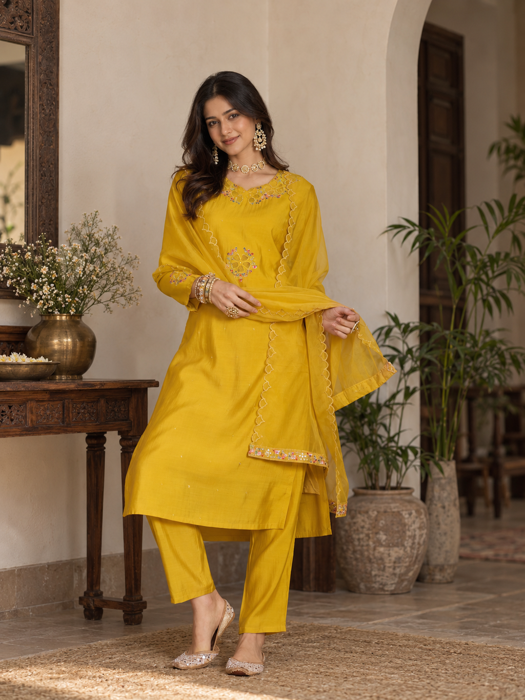Women Yellow Roman Silk Embroidery  Kurta set