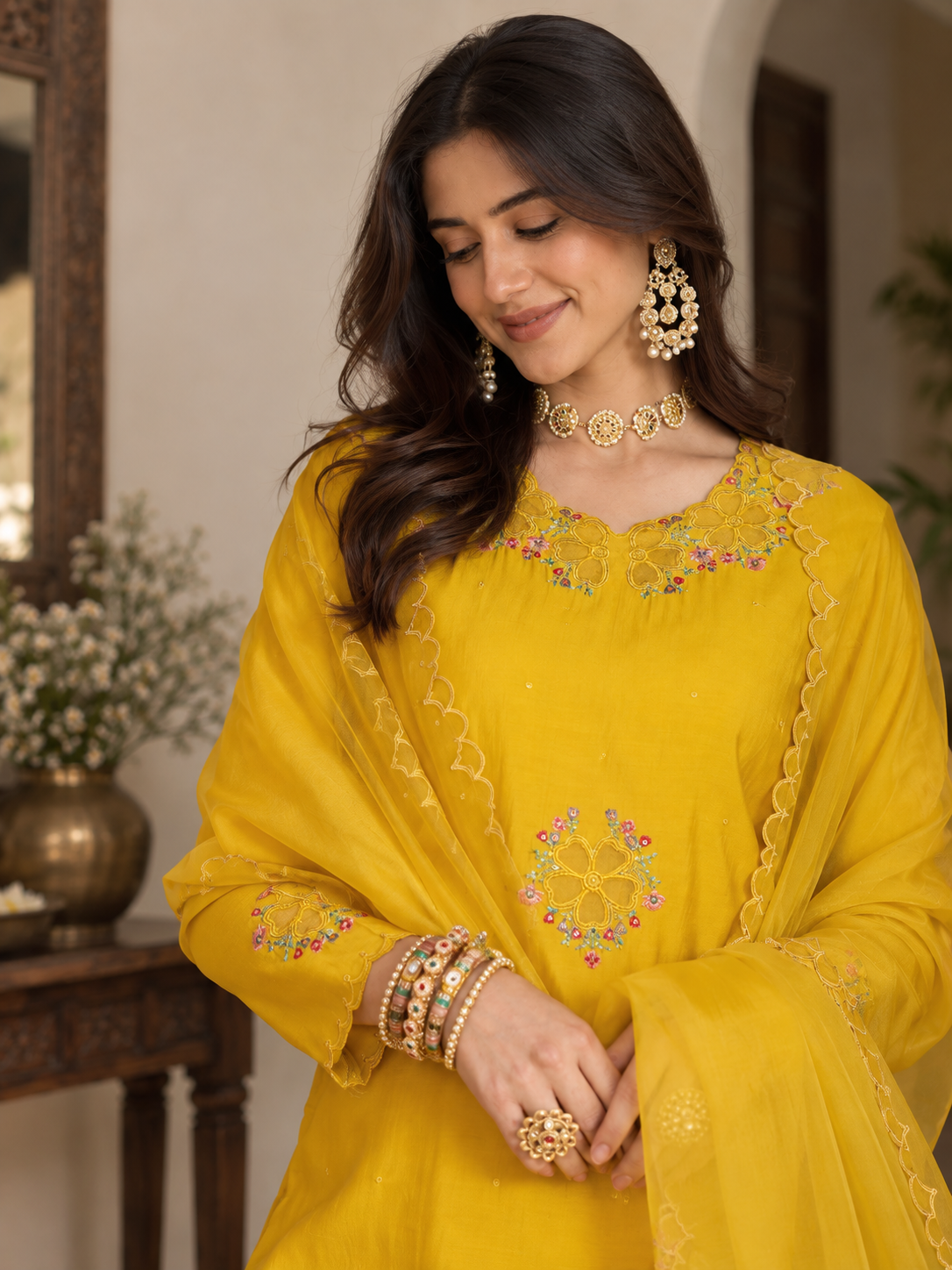 Women Yellow Roman Silk Embroidery  Kurta set