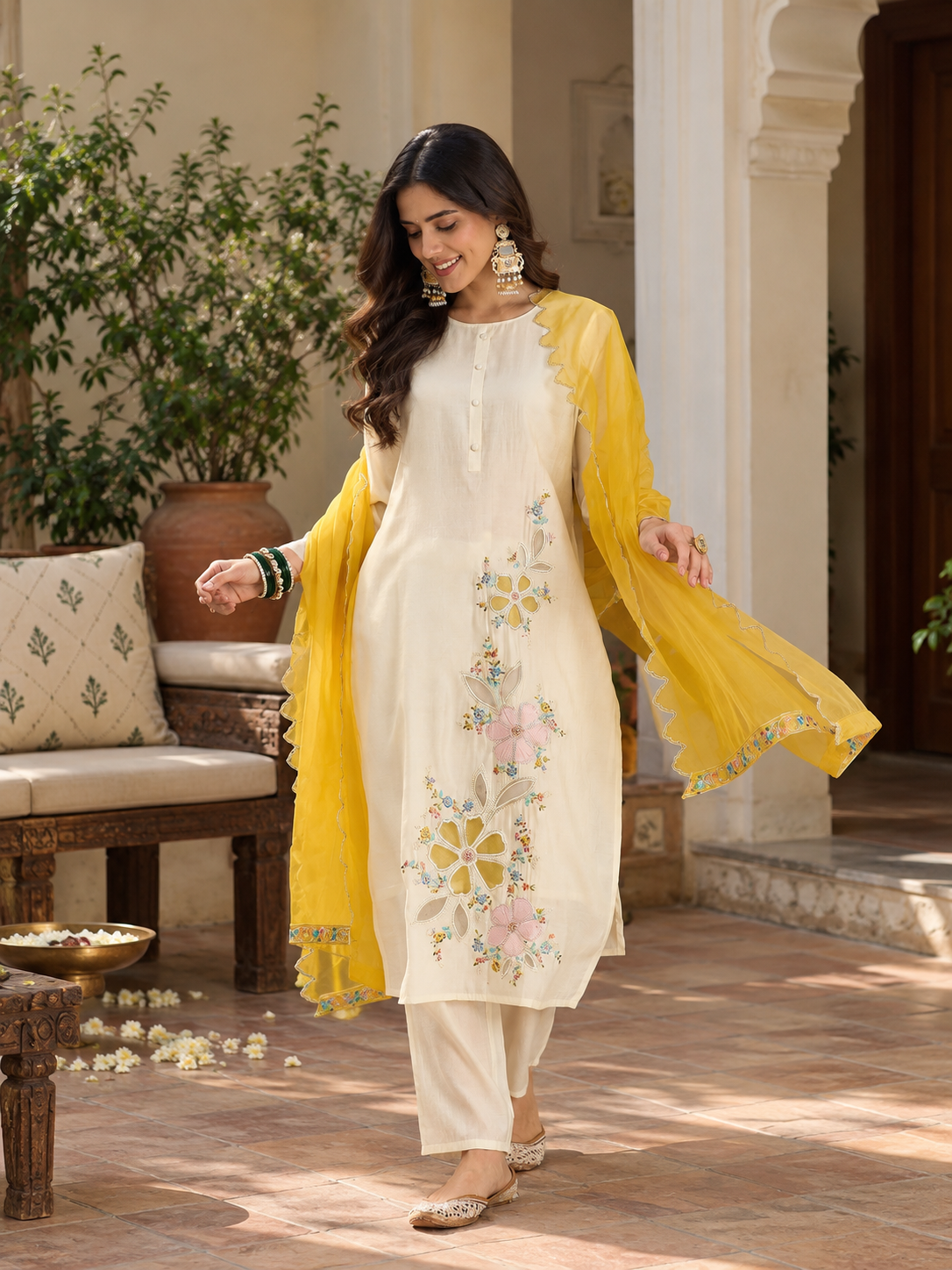 Women White Roman Silk Embroidery  Kurta set