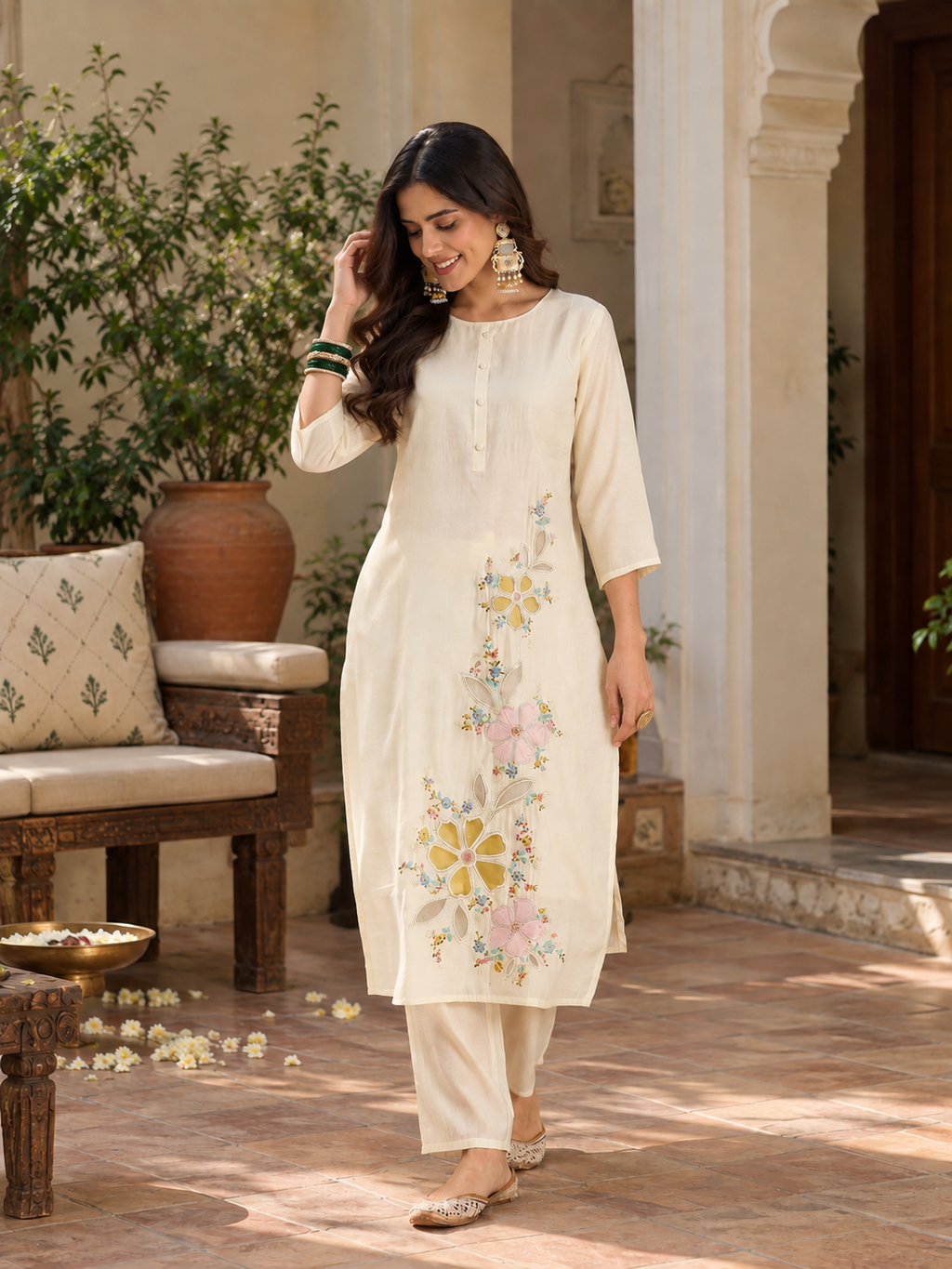 Women White Roman Silk Embroidery  Kurta set