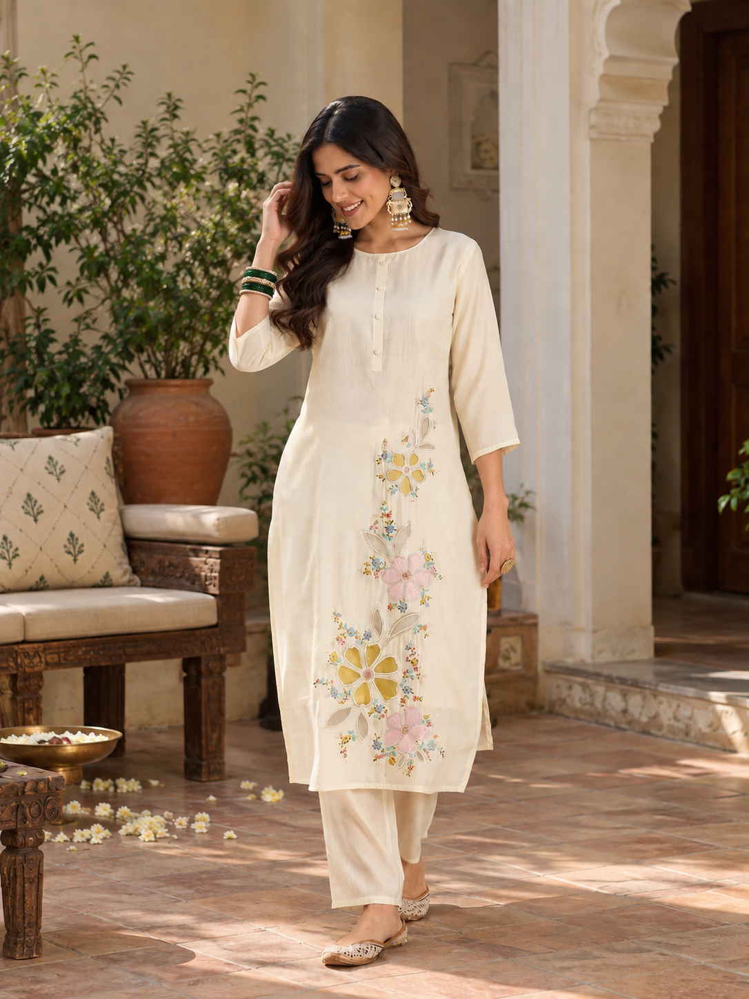 Women White Roman Silk Embroidery  Kurta set
