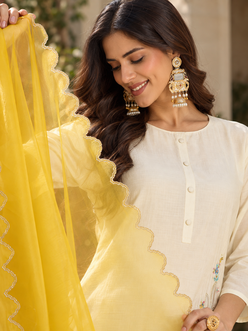 Women White Roman Silk Embroidery  Kurta set
