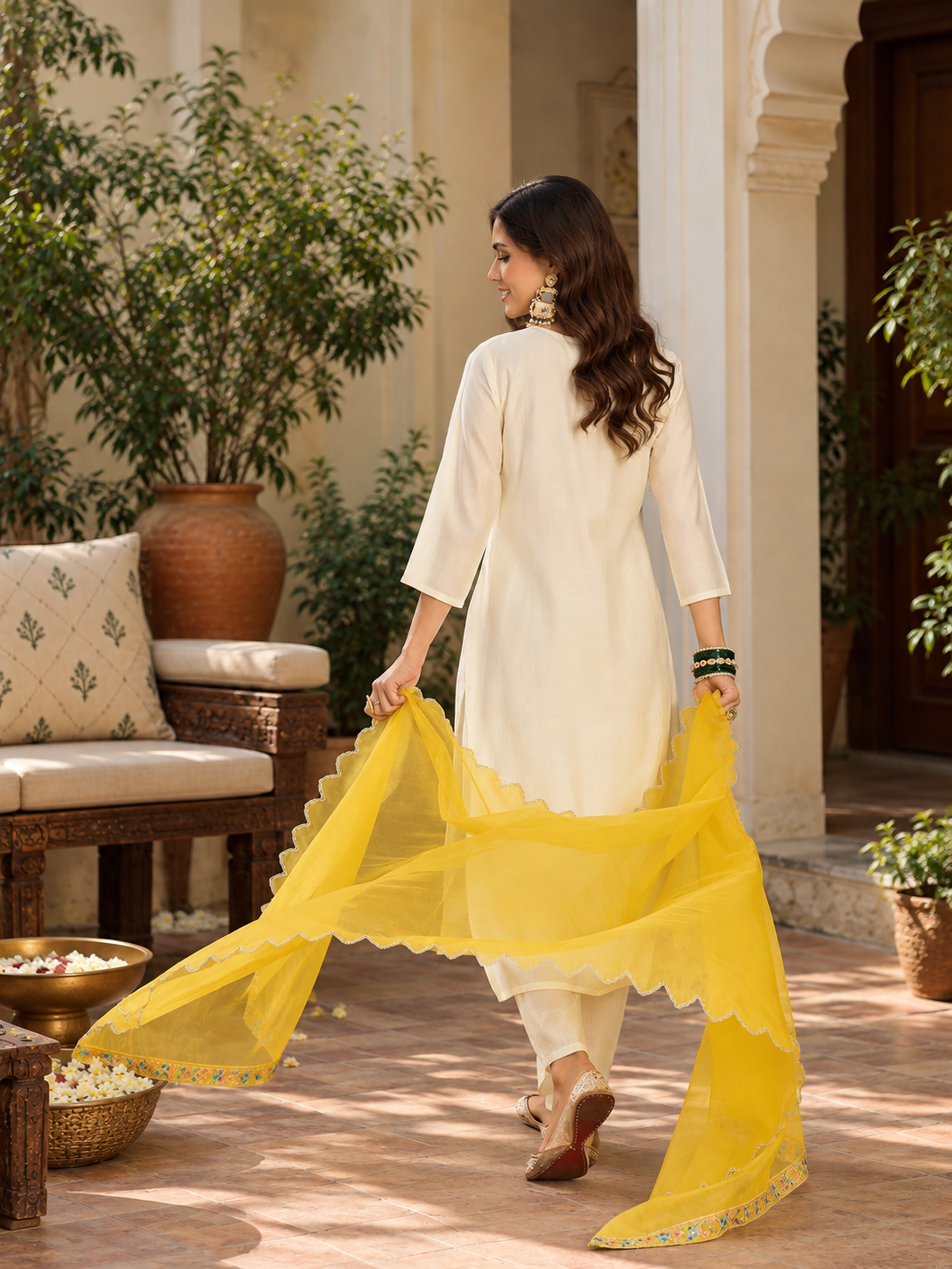 Women White Roman Silk Embroidery  Kurta set