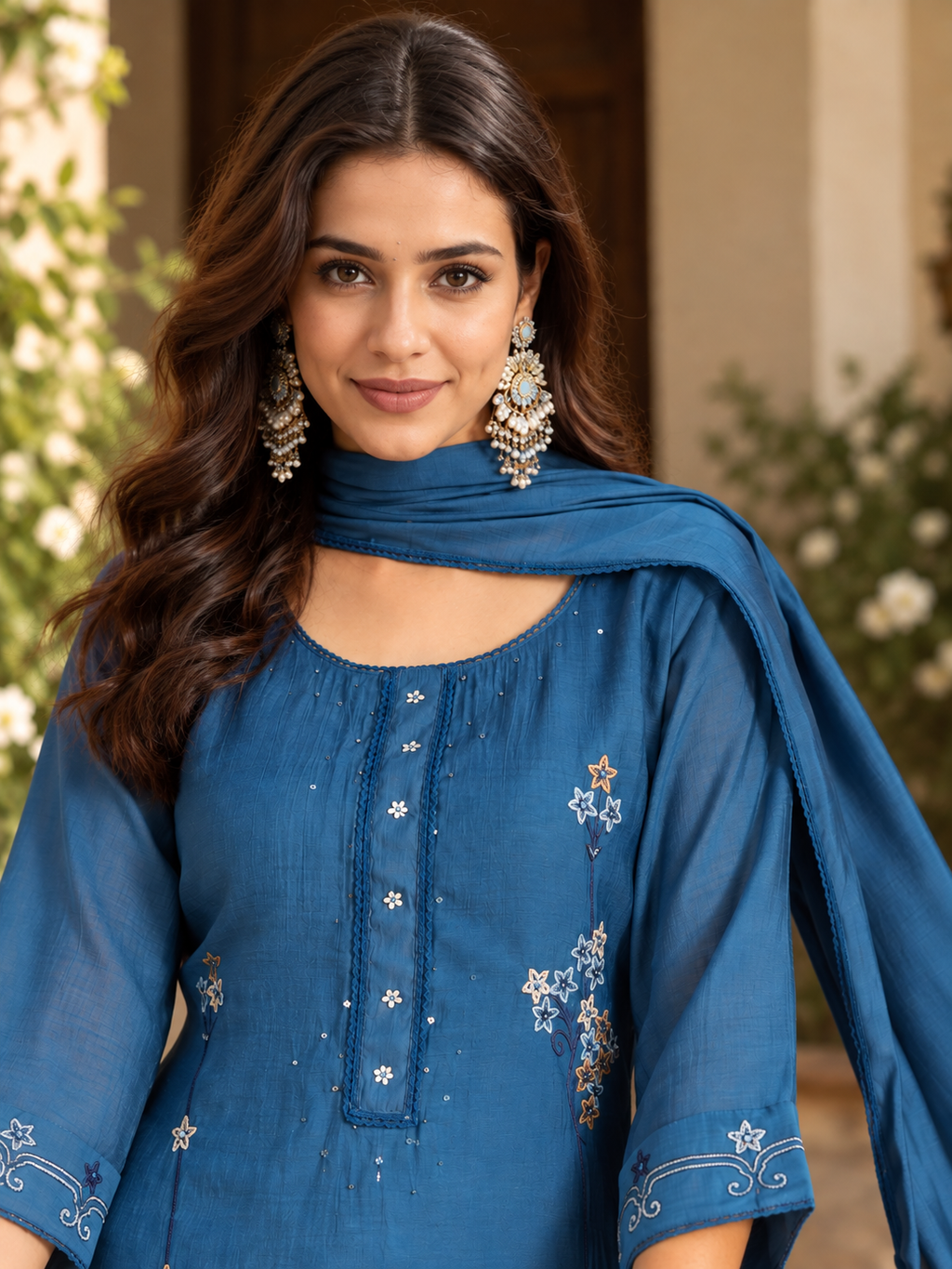 Women Blue Mull chanderi Embroidery Kurta set