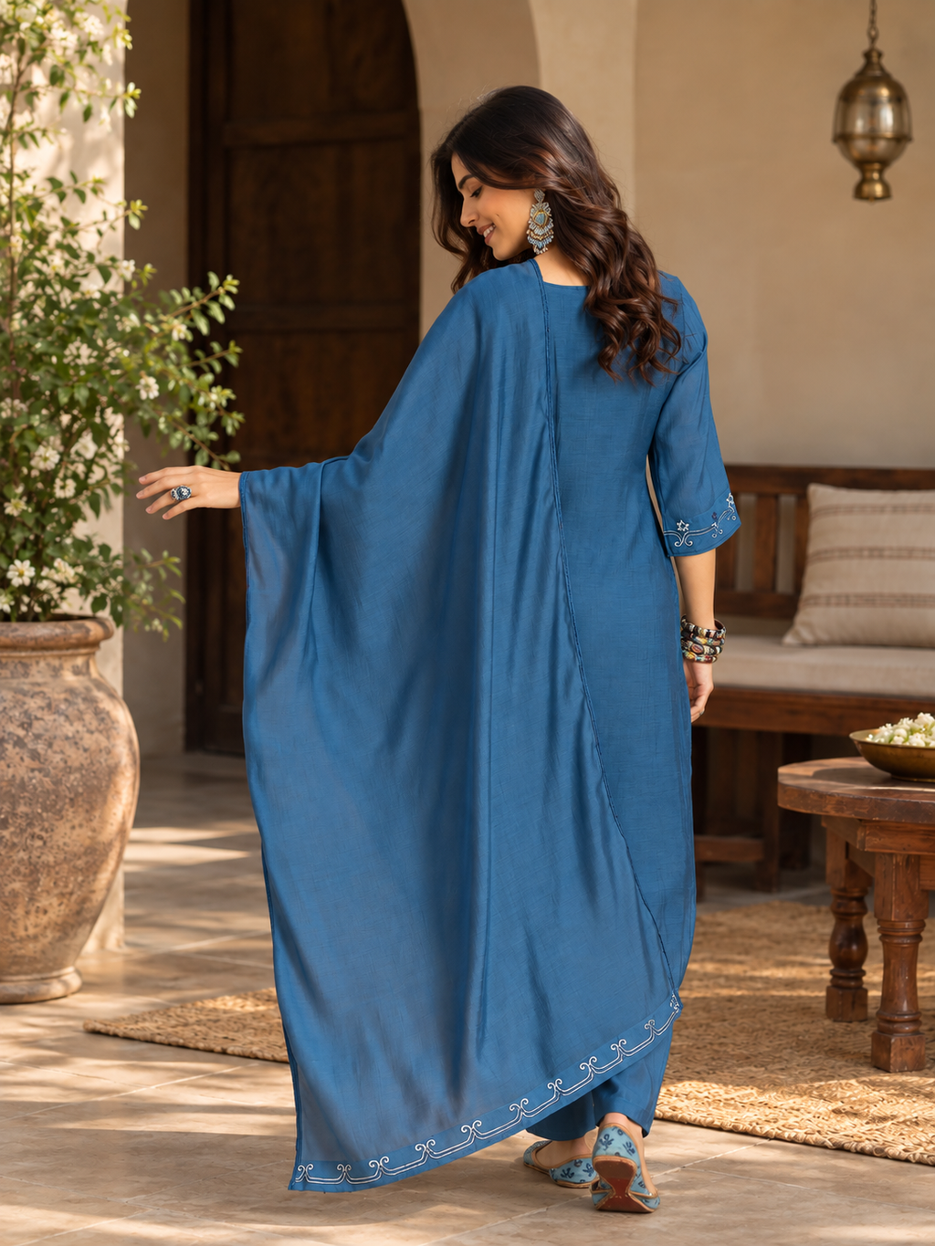 Women Blue Mull chanderi Embroidery Kurta set