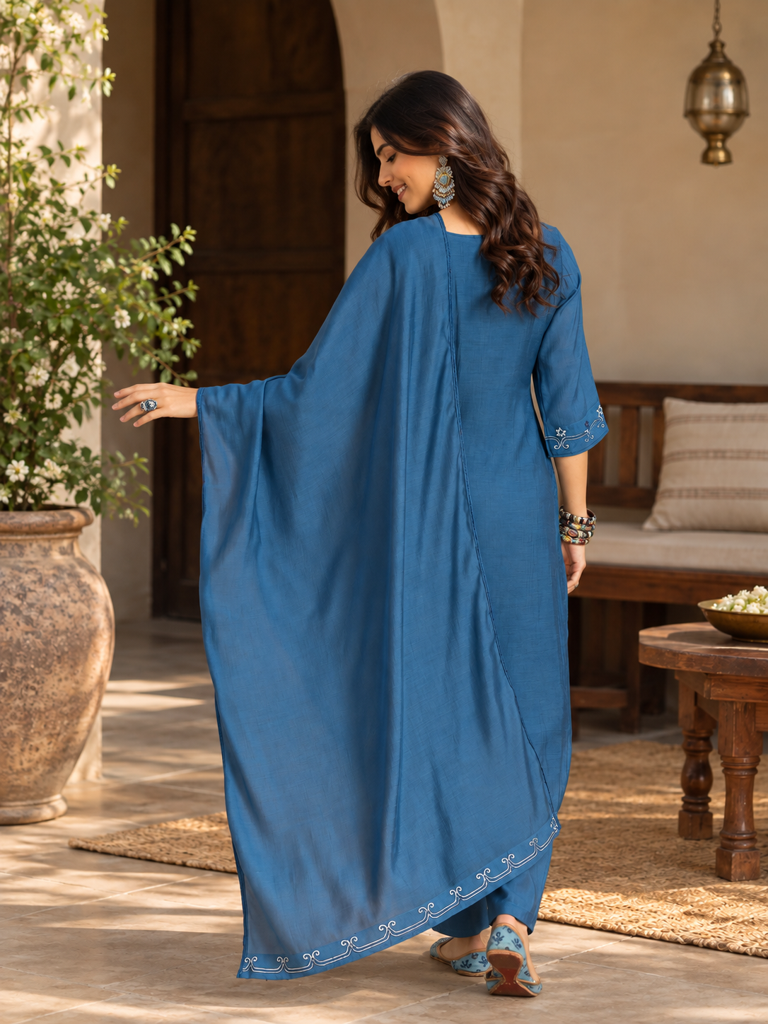 Women Blue Mull chanderi Embroidery Kurta set