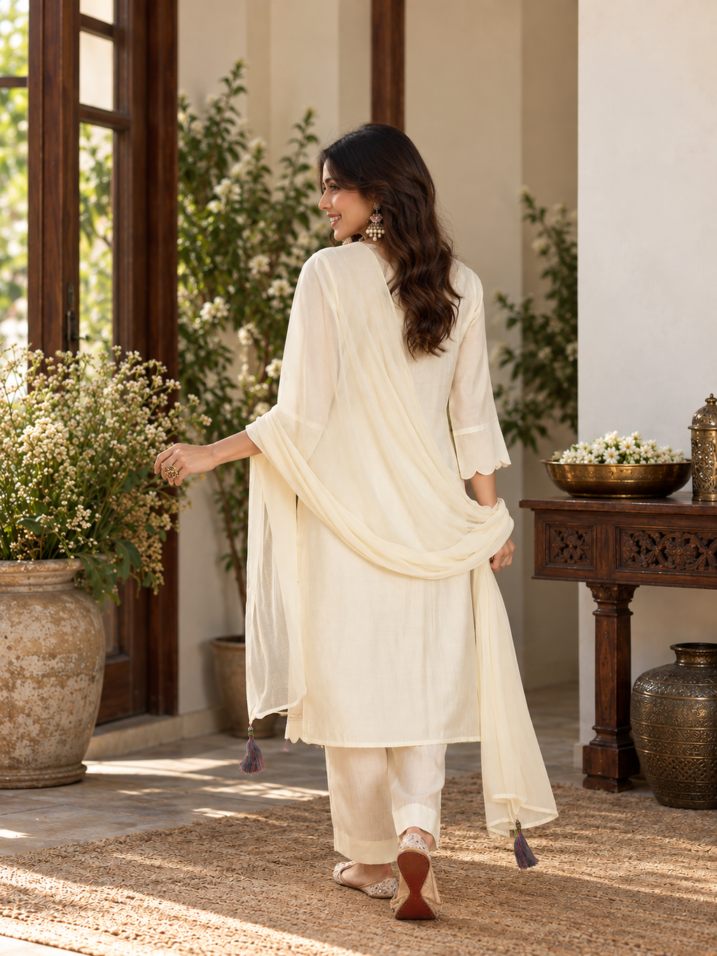 Women Off White Silk Embroidery Kurta set