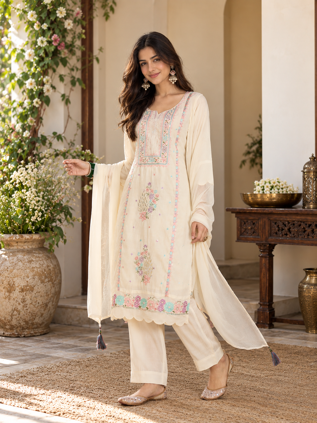 Women Off White Silk Embroidery Kurta set