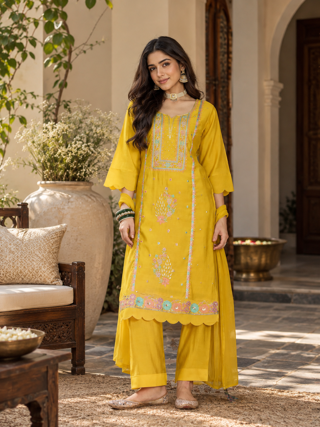 Women Mustard Silk Embroidery Kurta set