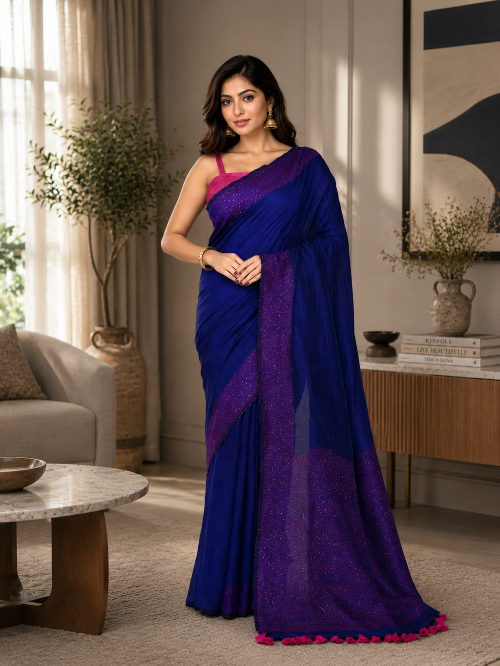Women Cotton Blue Woven  Saree