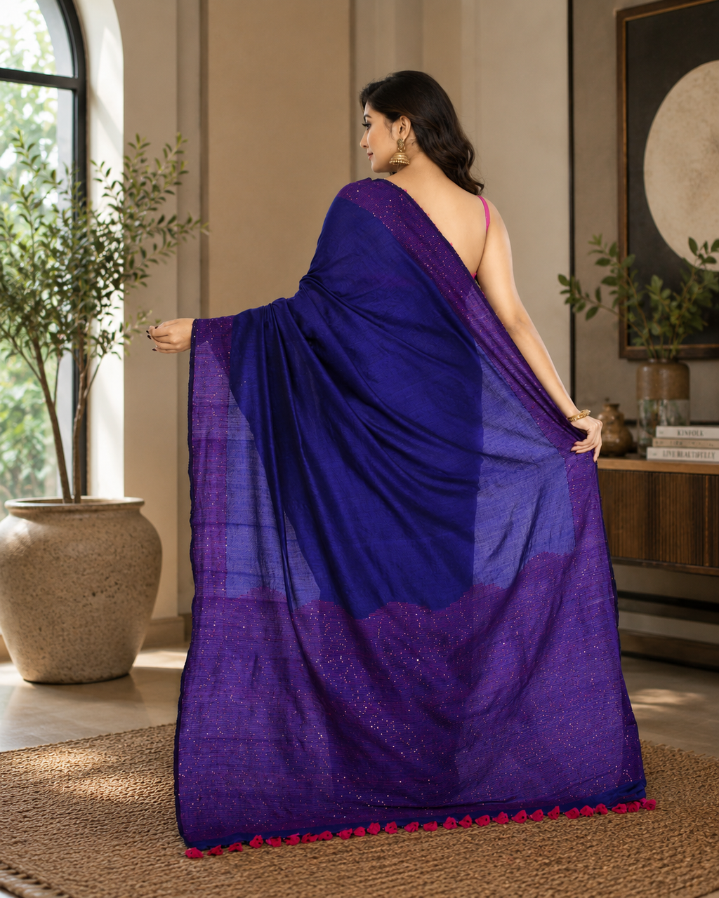 Women Cotton Blue Woven  Saree