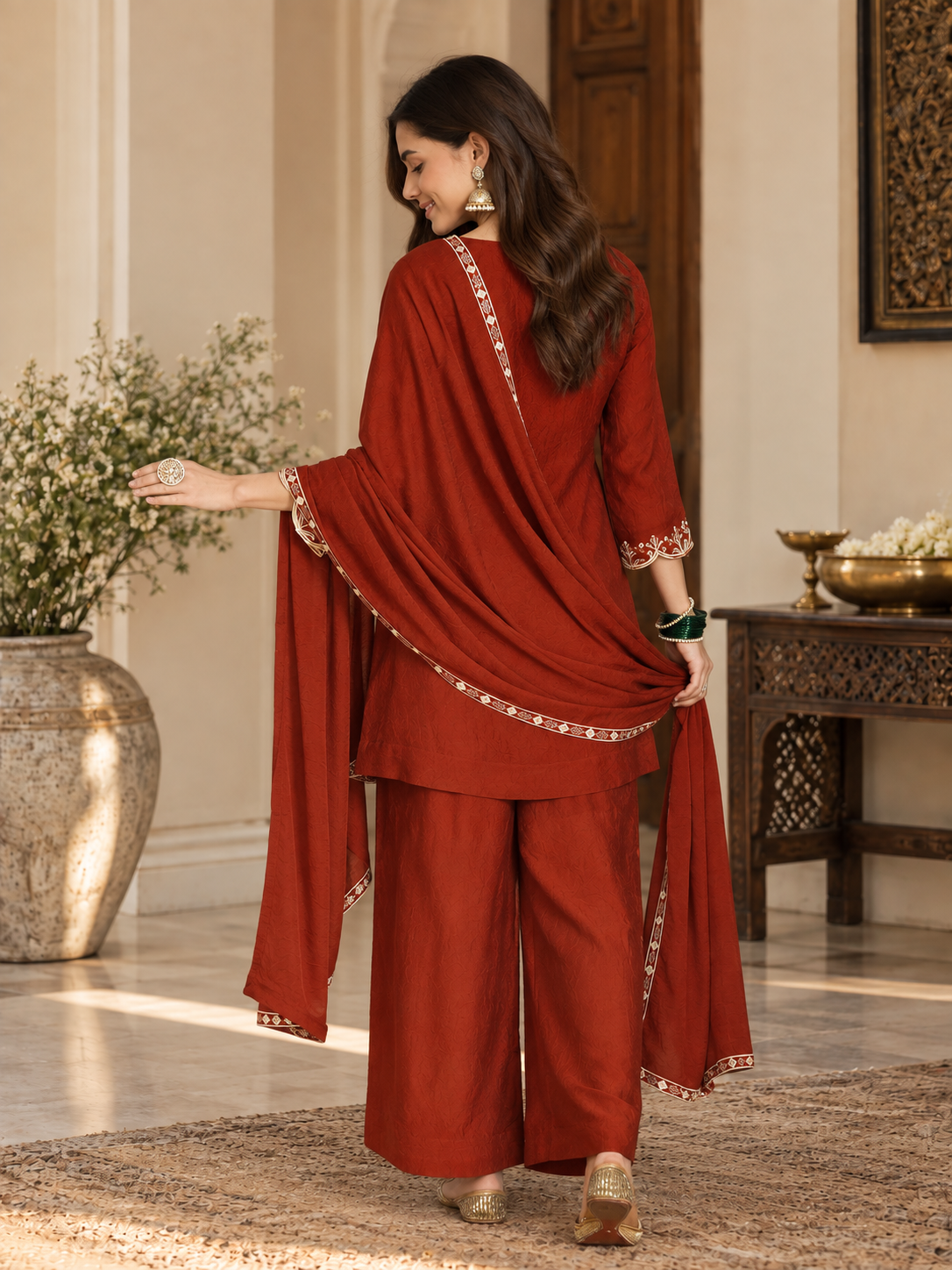 Women Rust Silk Embroidered Kurta set