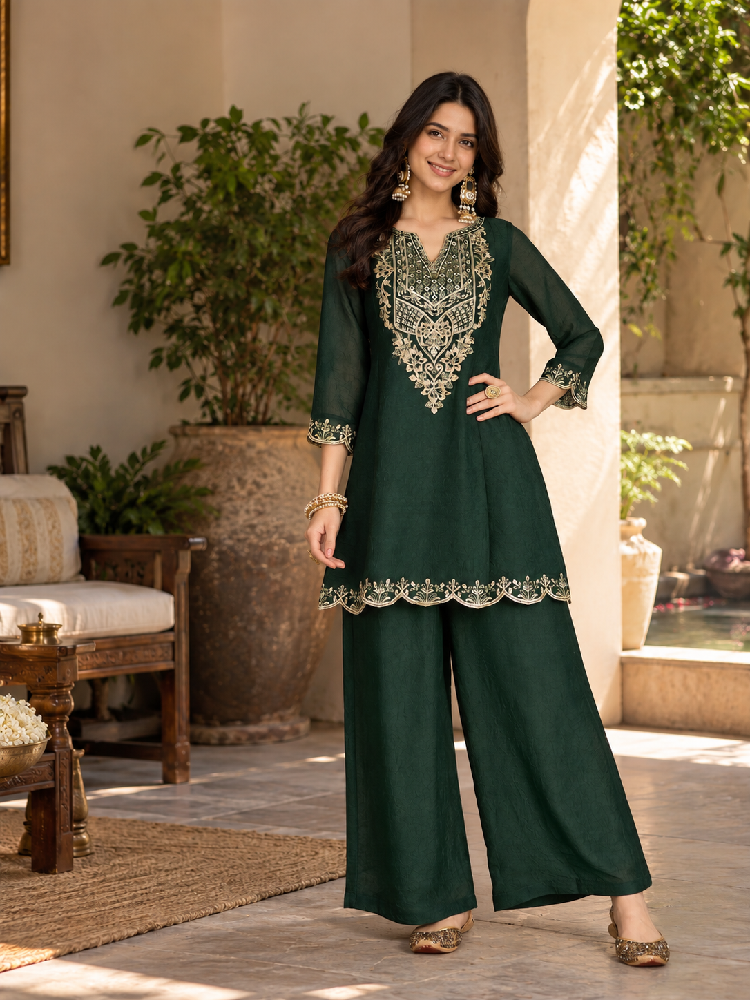 Women Green Silk Embroidered Kurta set