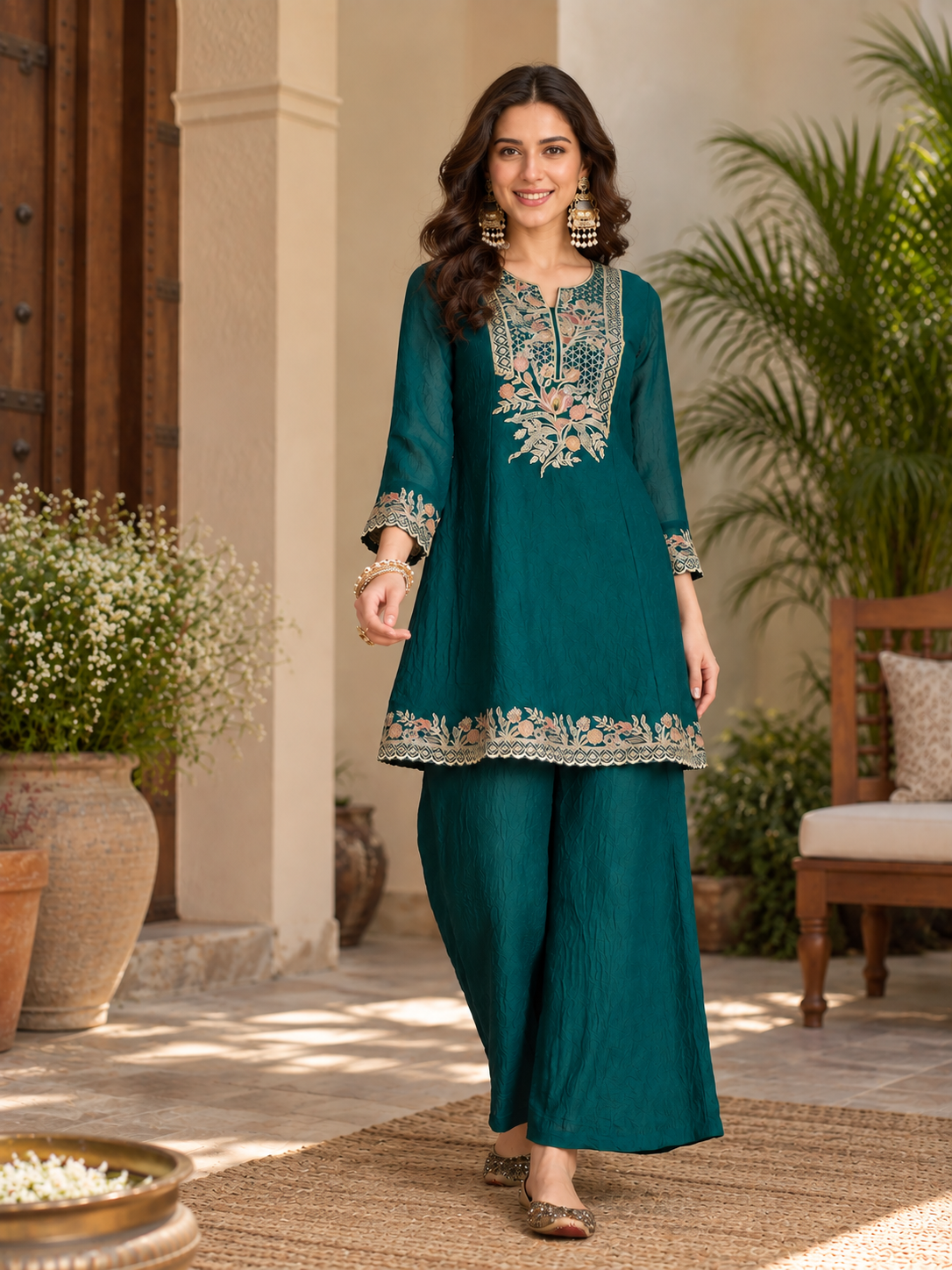 Women Green Silk Embroidered Kurta set