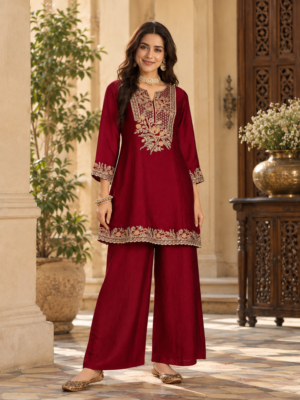 Women Maroon Silk Embroidered Kurta set
