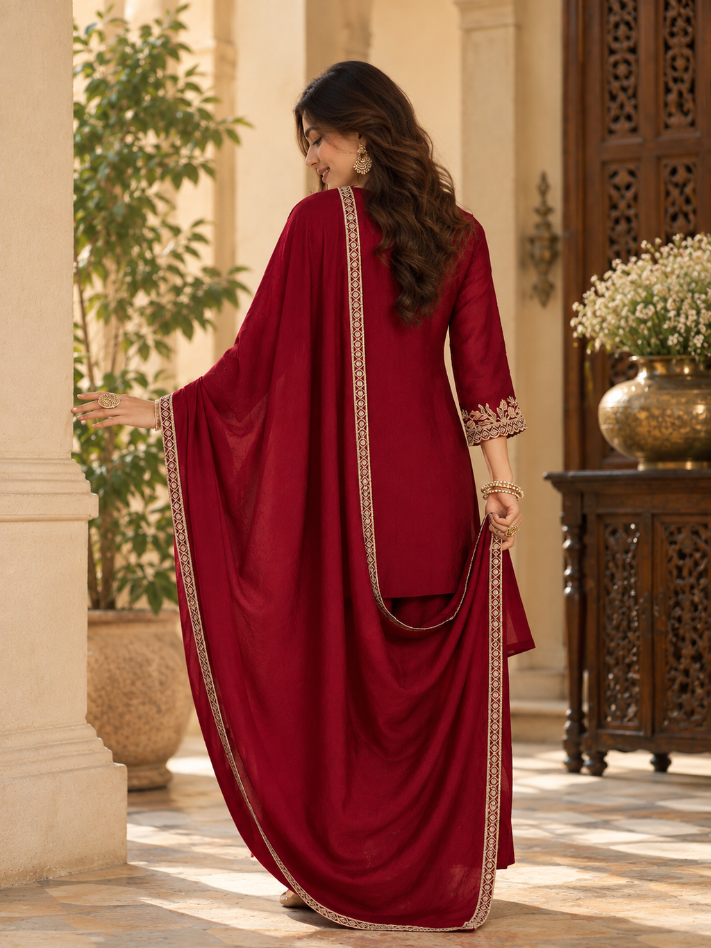Women Maroon Silk Embroidered Kurta set