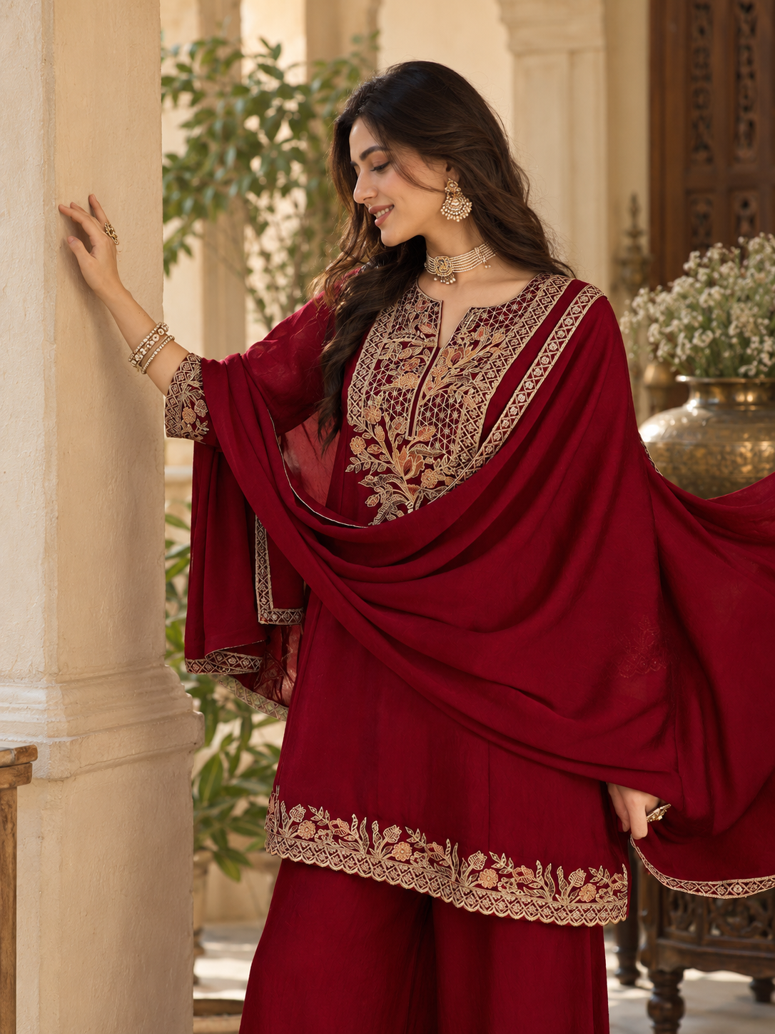 Women Maroon Silk Embroidered Kurta set
