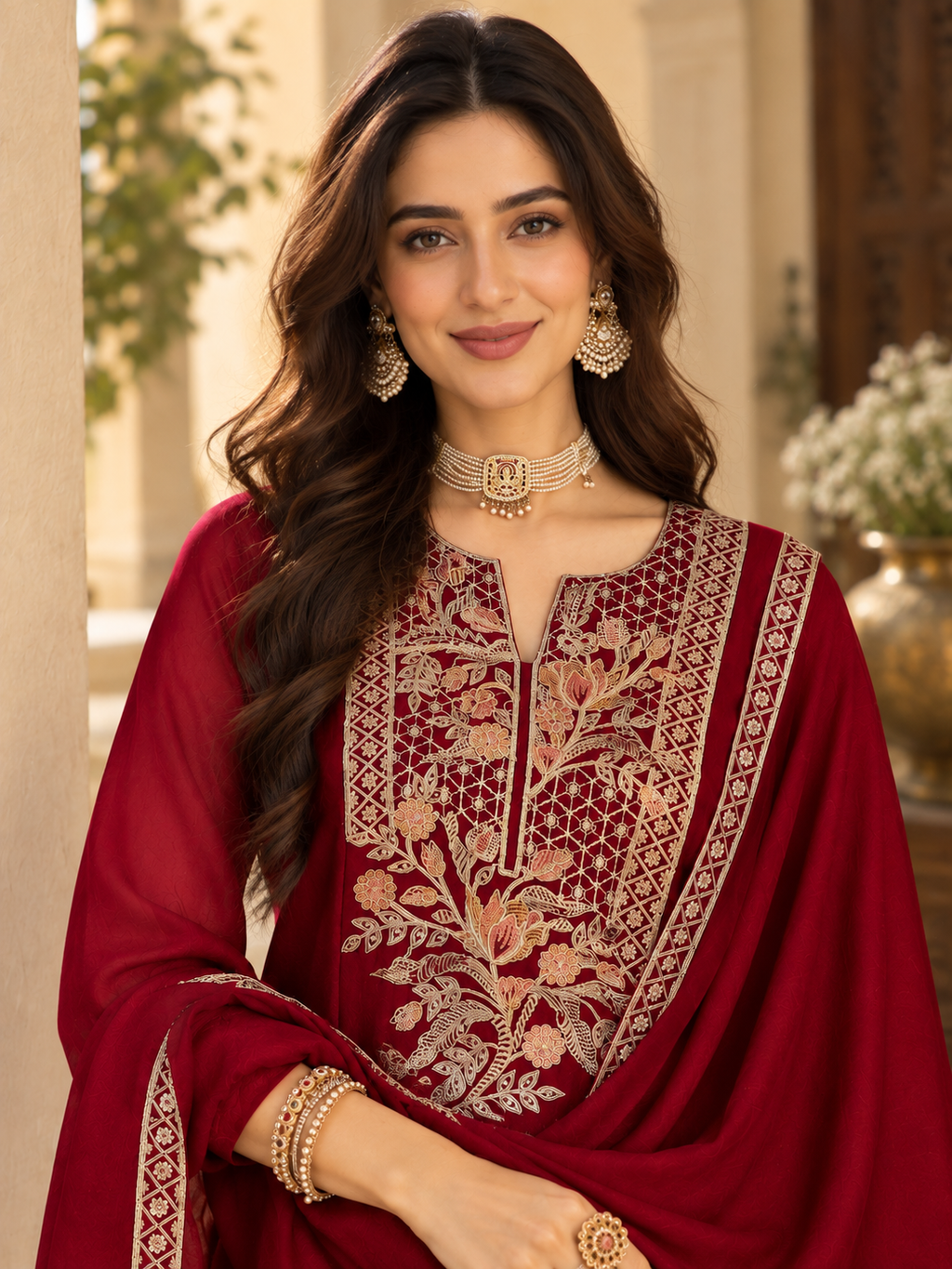 Women Maroon Silk Embroidered Kurta set