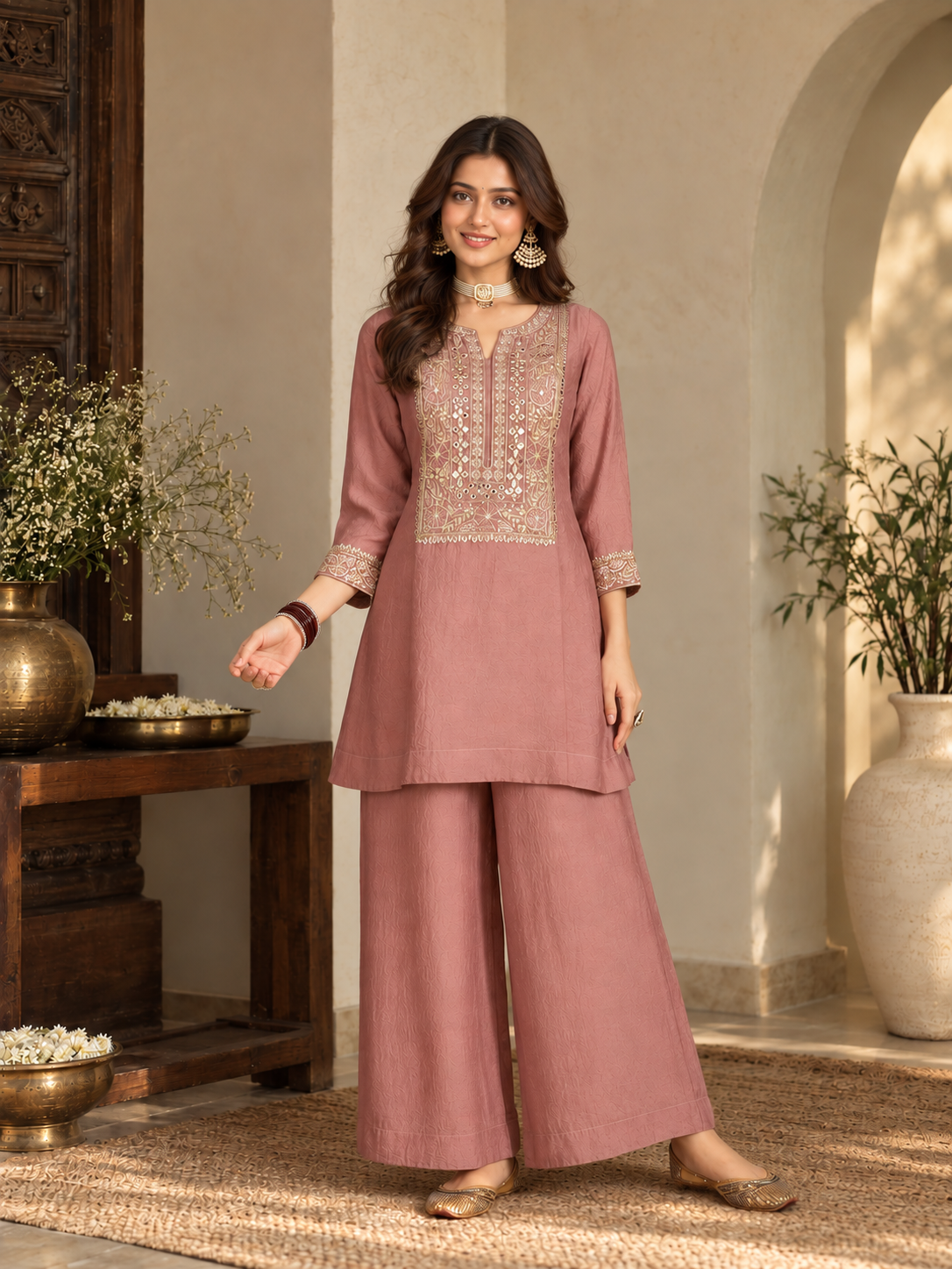 Women Mauve Silk Embroidered Kurta set