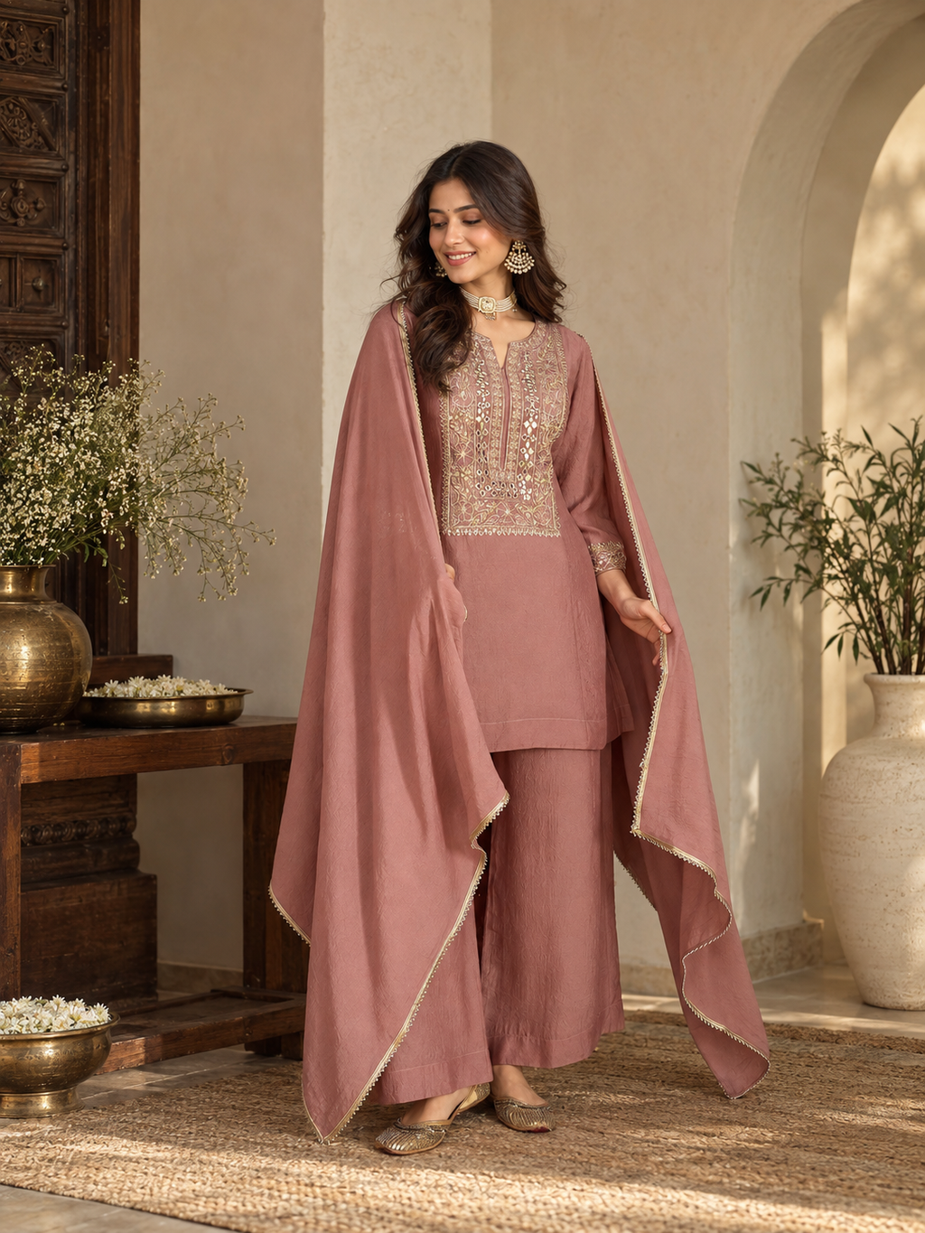 Women Mauve Silk Embroidered Kurta set