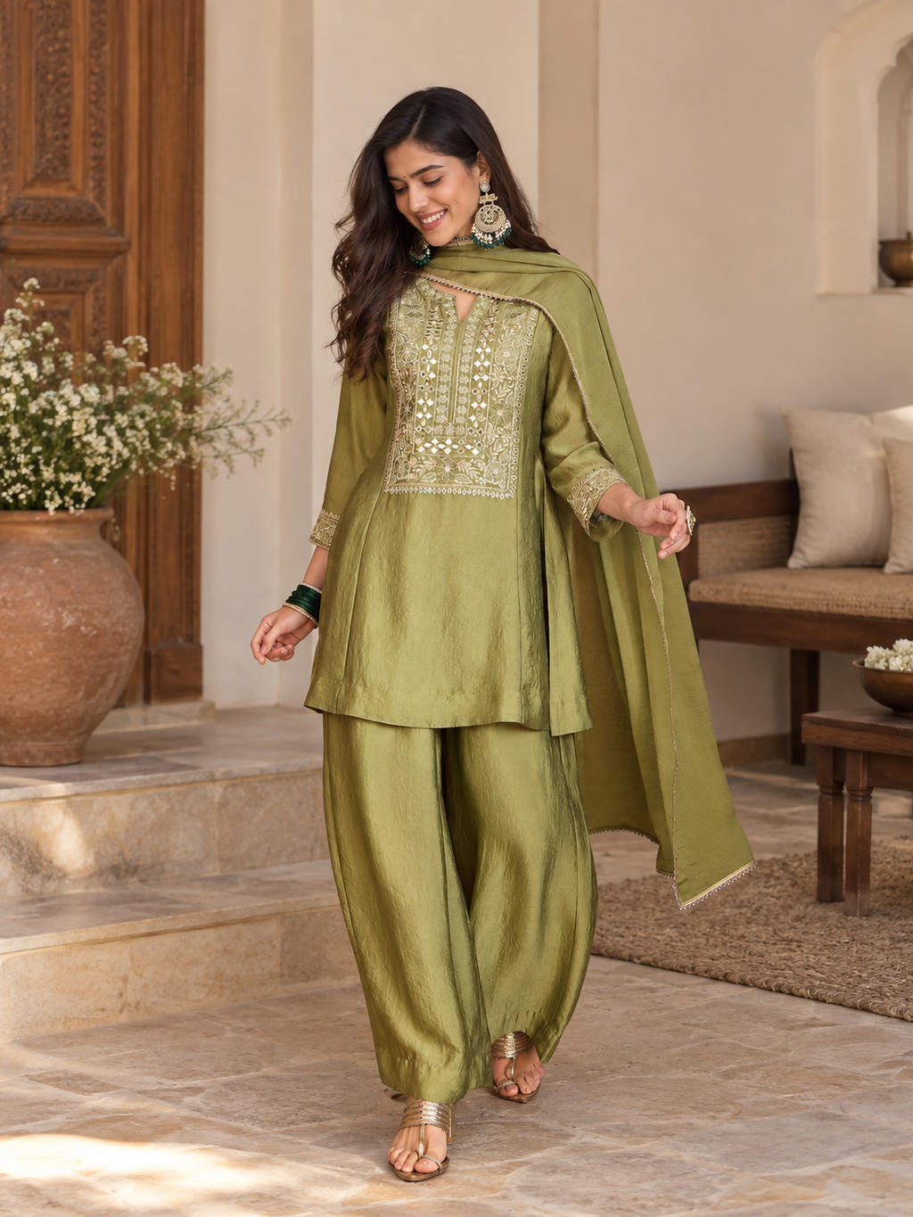 Women Green Silk Embroidered Kurta set